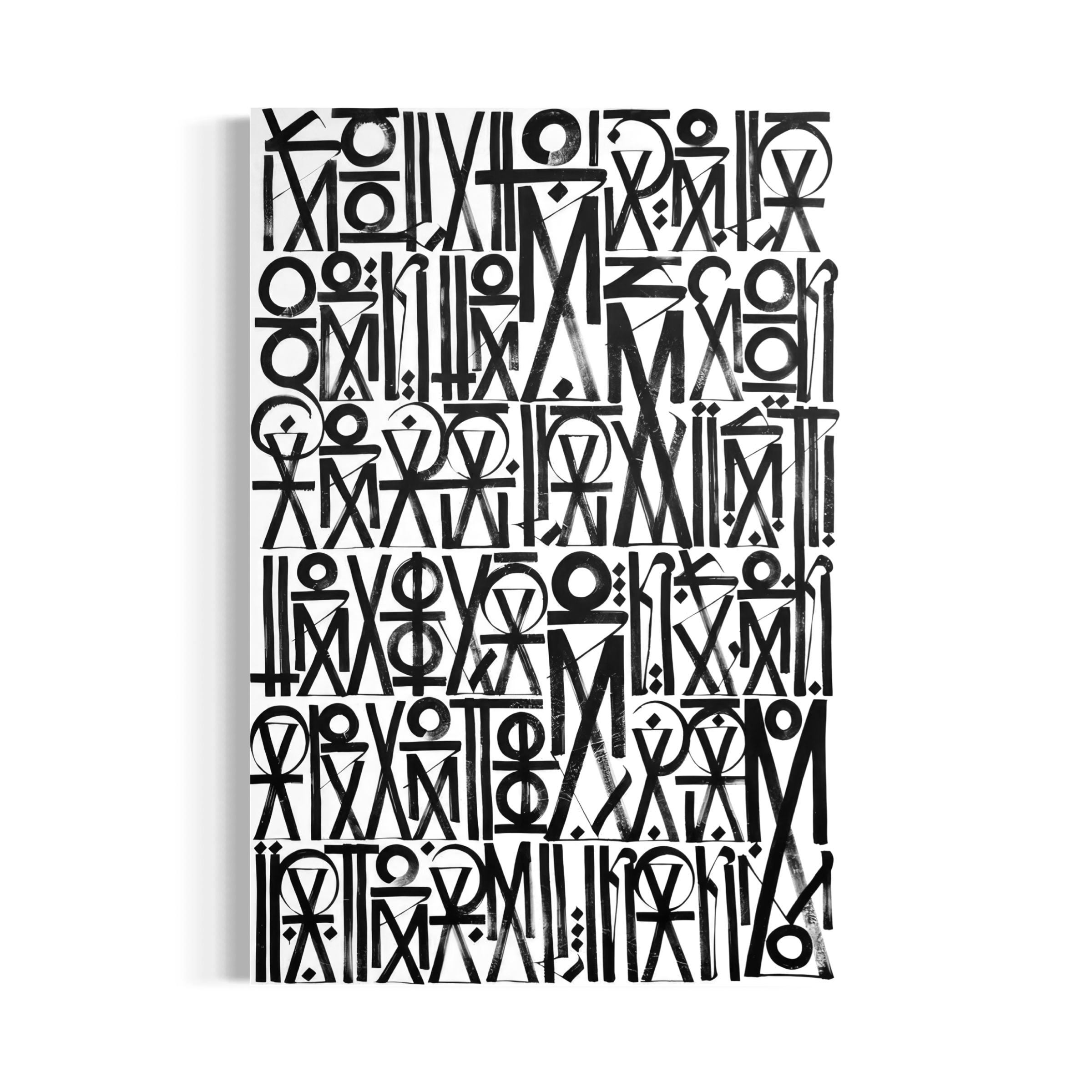 a complex arrangement of various geometric shapes and symbols in black and white, creating a visually striking and intricate design.