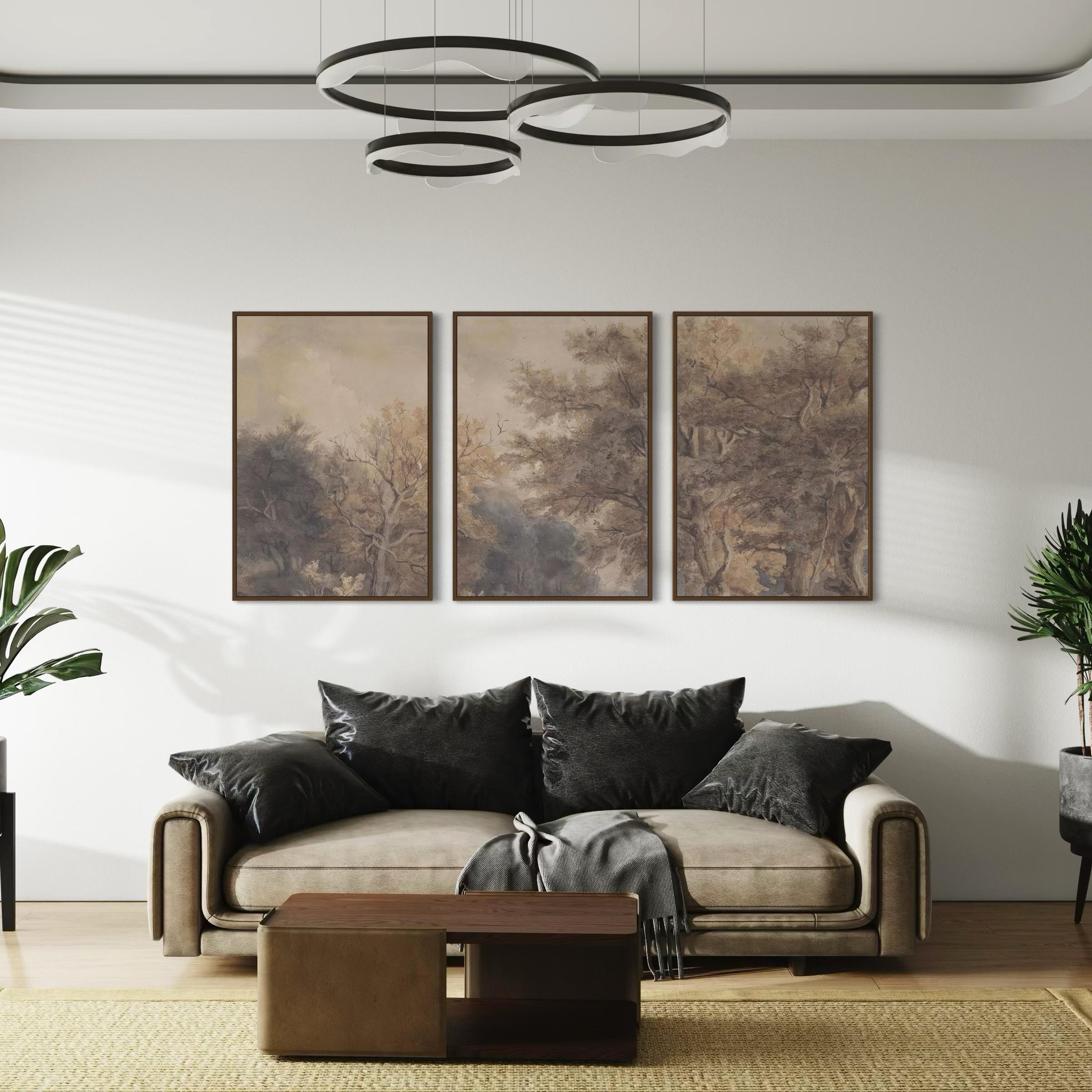 Vintage Forest Wall Art Set of 3 Landscape Canvas Prints | Neutral Woodland Triptych Poster