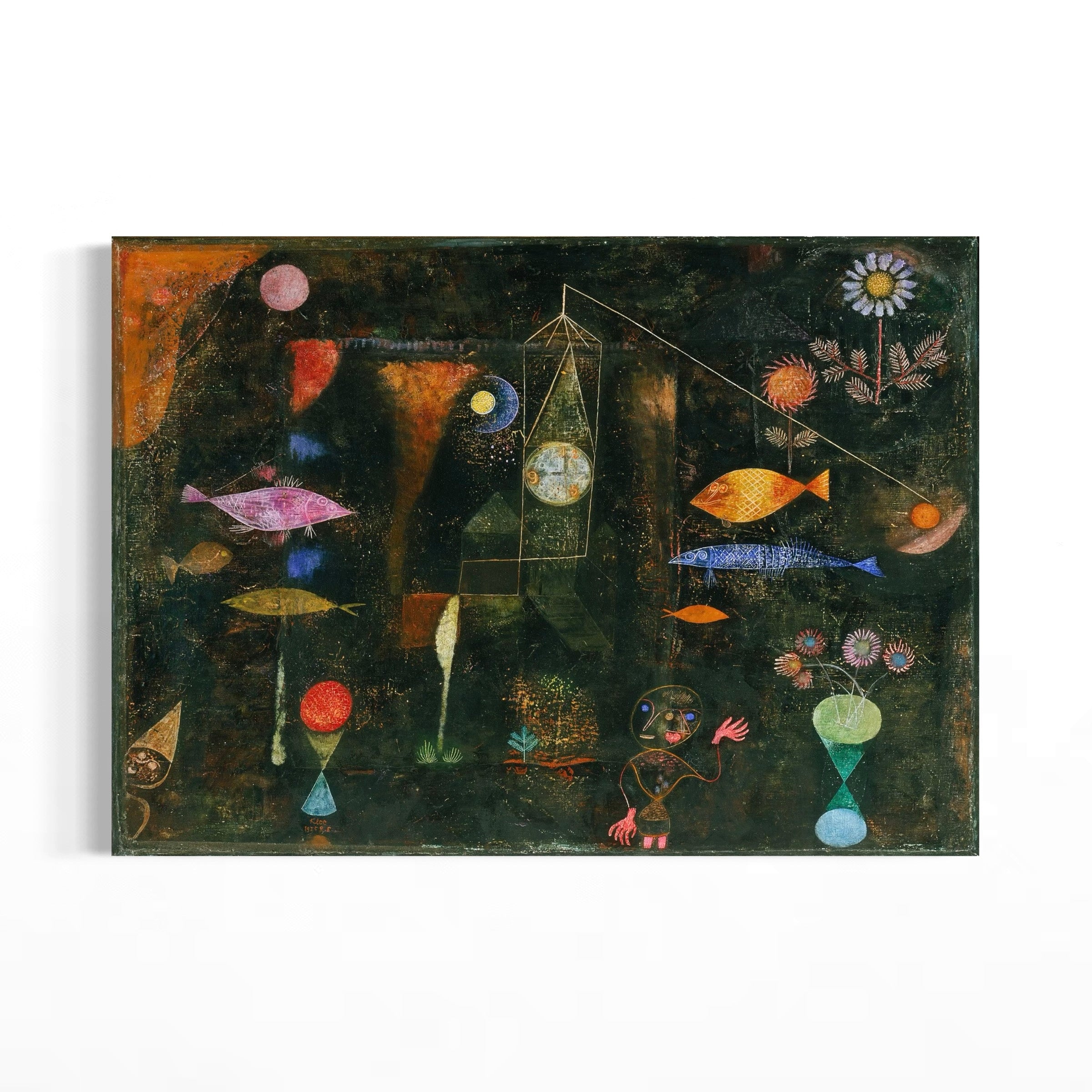The image is a painting featuring a variety of surreal and fantastical elements, including fish, flowers, and other abstract shapes and forms.