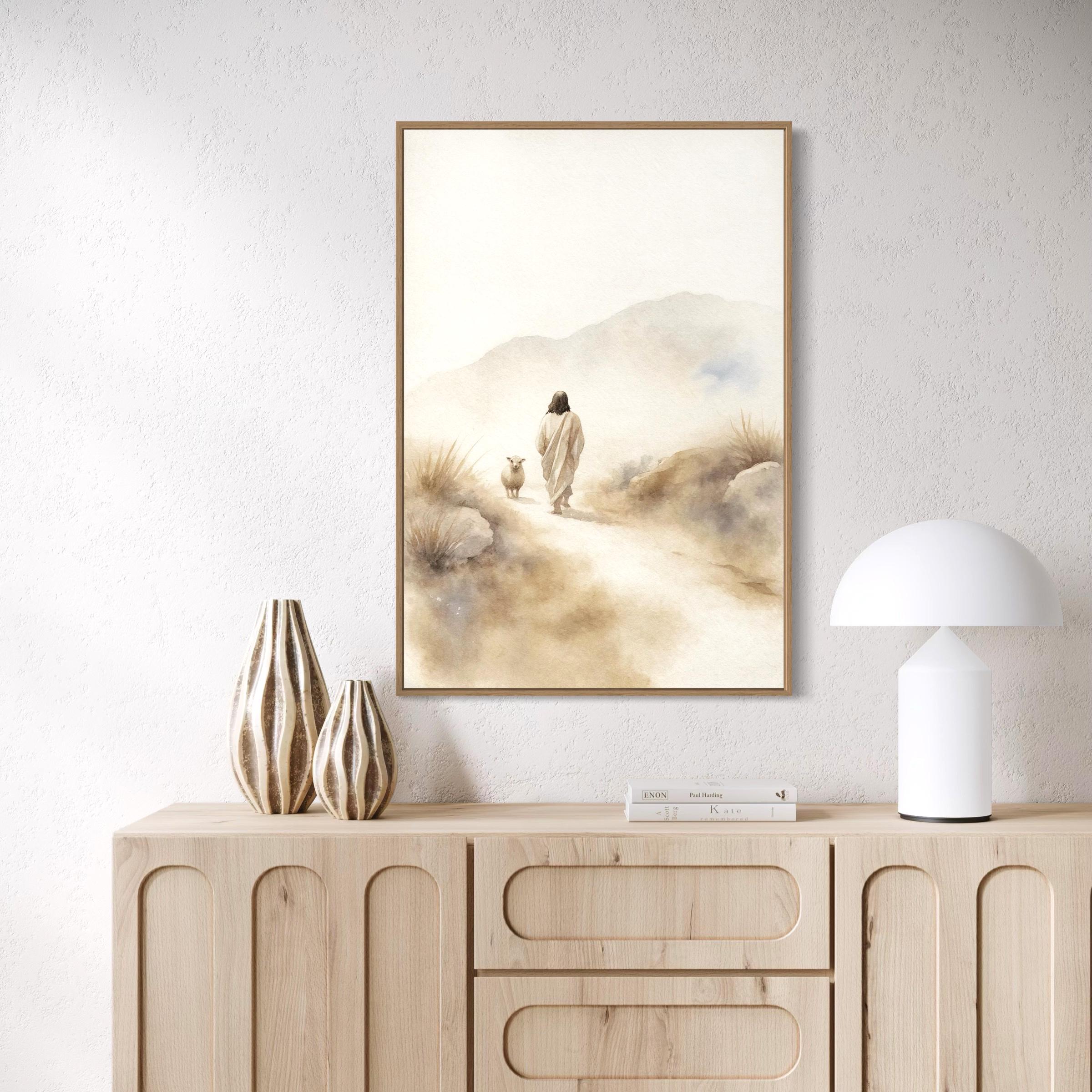 Jesus & Sheep Wall Art Canvas | Minimalist Christian Poster Print | Pastoral Abstract Landscape