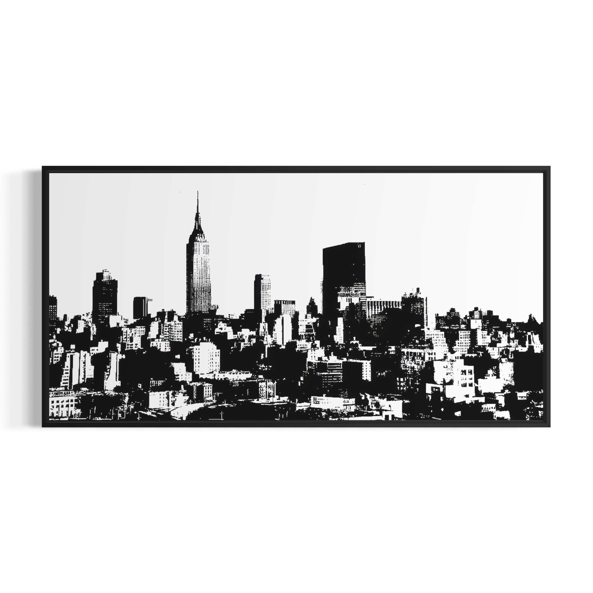 A black and white image of a city skyline, featuring the Empire State Building and other skyscrapers.