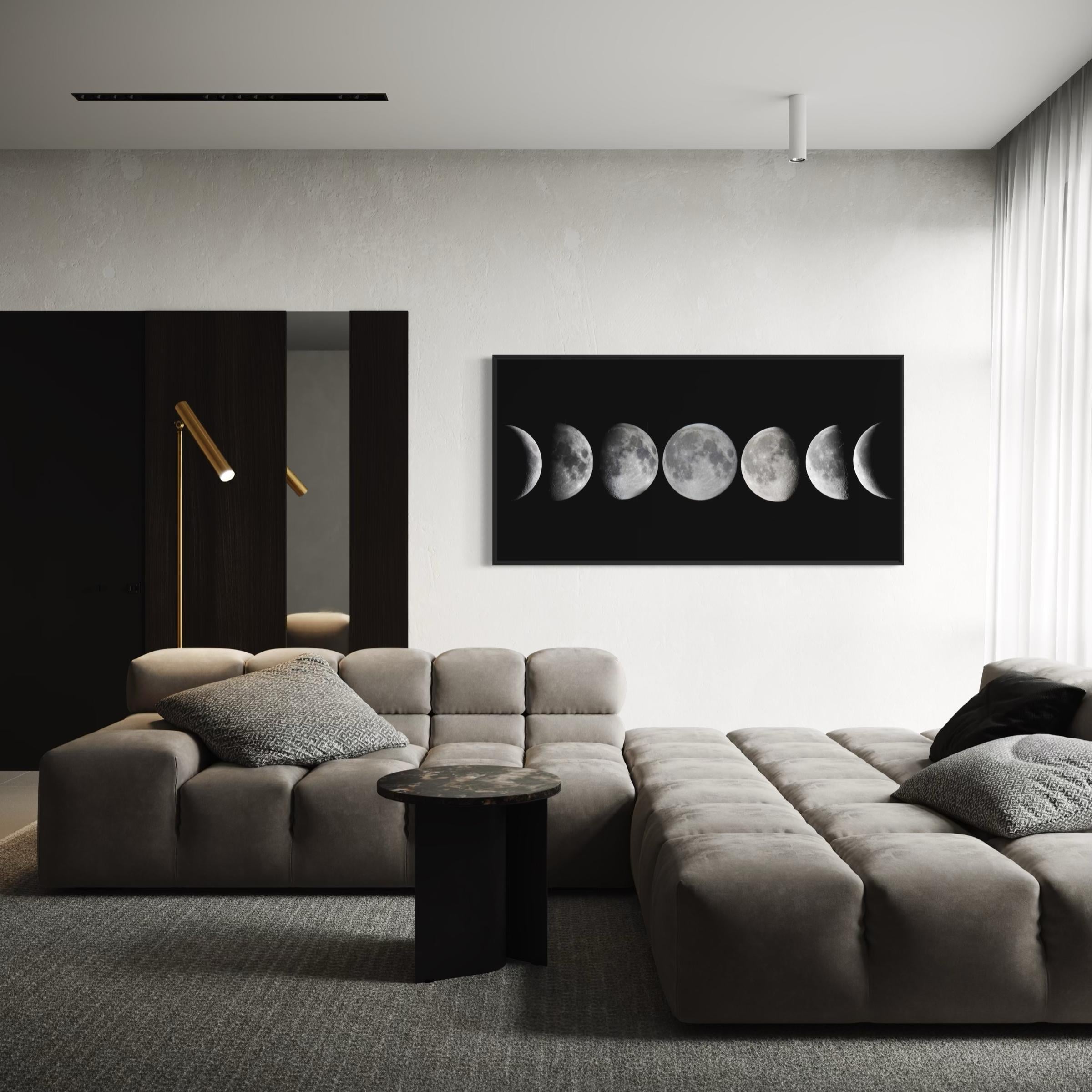 Lunar Phases Cycle | Black Minimalist Moon Astronomy Wall Art Canvas | Space Art Poster Print