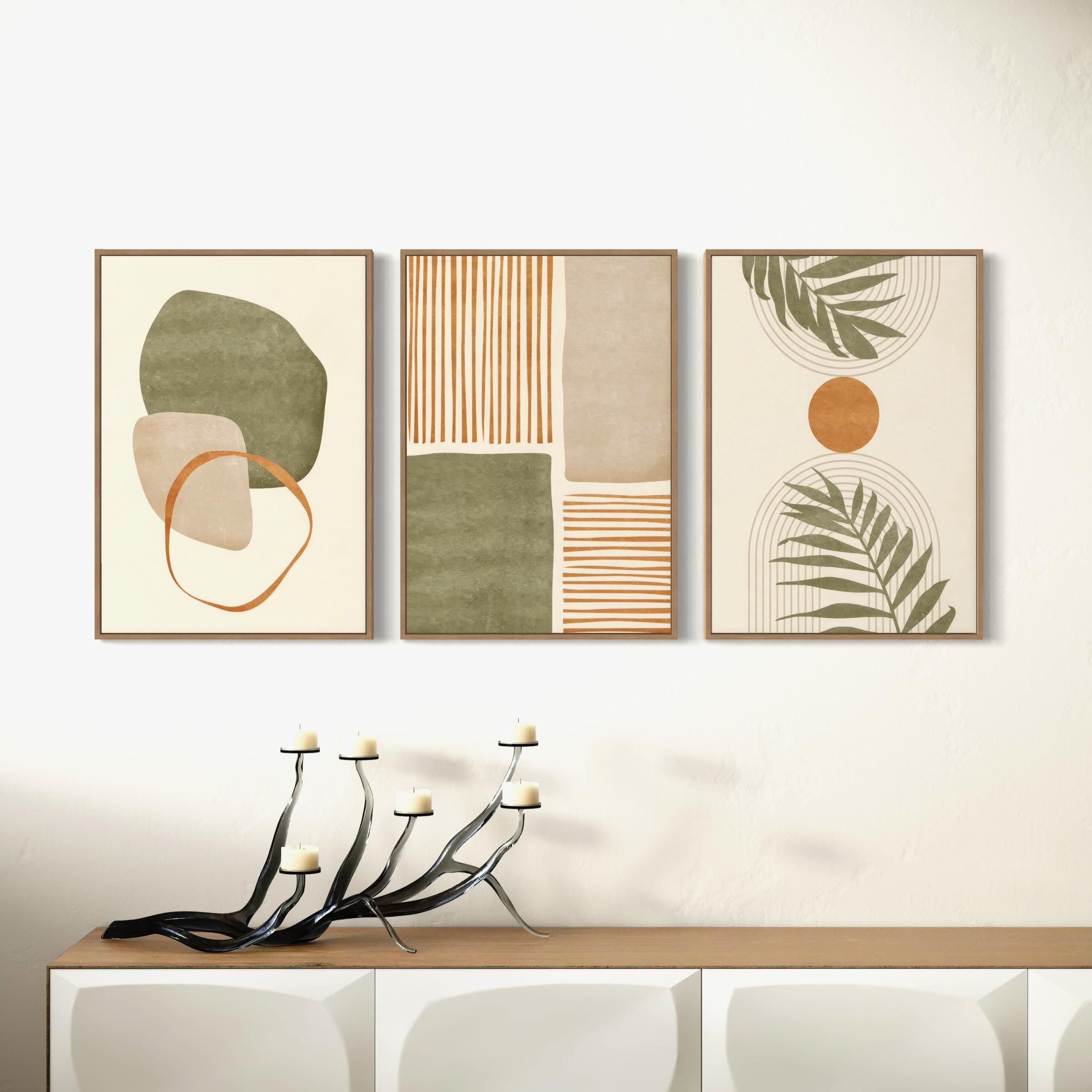 Set of 3 Canvas Wall Art | Poster Prints | Mid Century Modern Minimalist Boho Leaf Decor