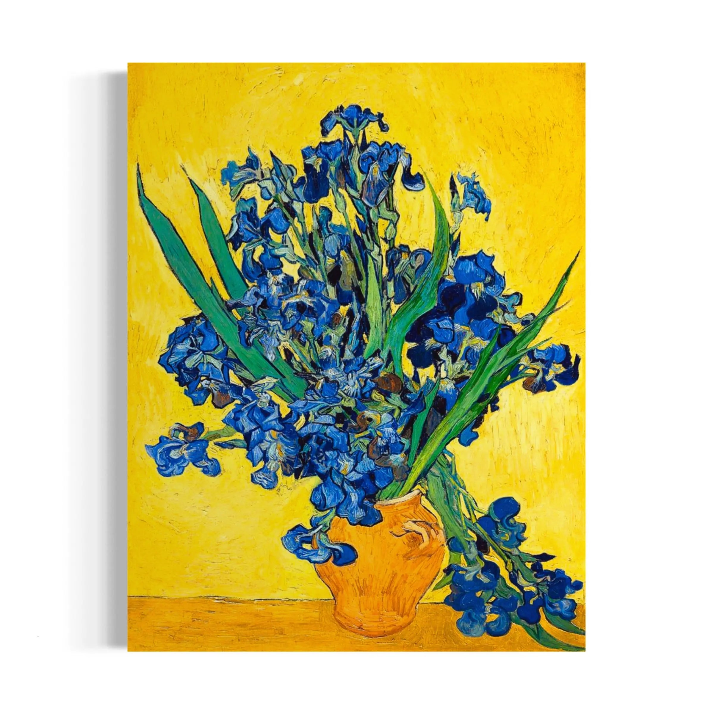 a painting of blue flowers in a yellow vase