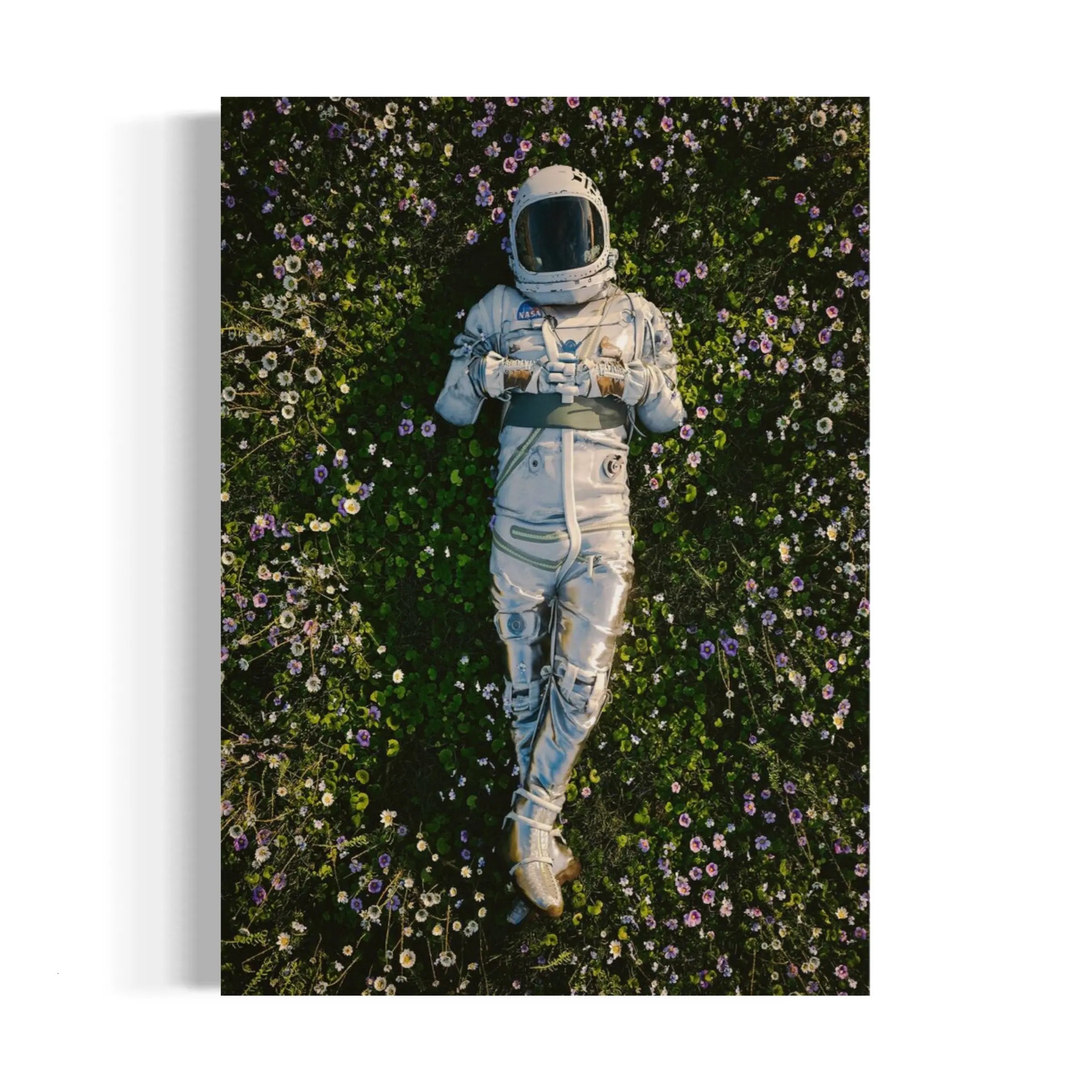 a man in a space suit laying in a field of flowers