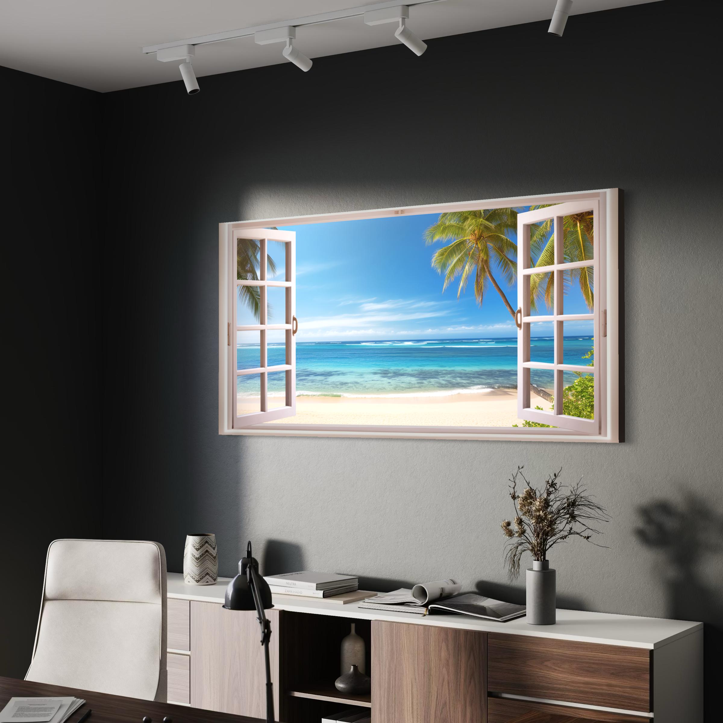 Beach Window View Tropical Ocean Palm Trees | Coastal Landscape Wall Art Canvas | Poster Print