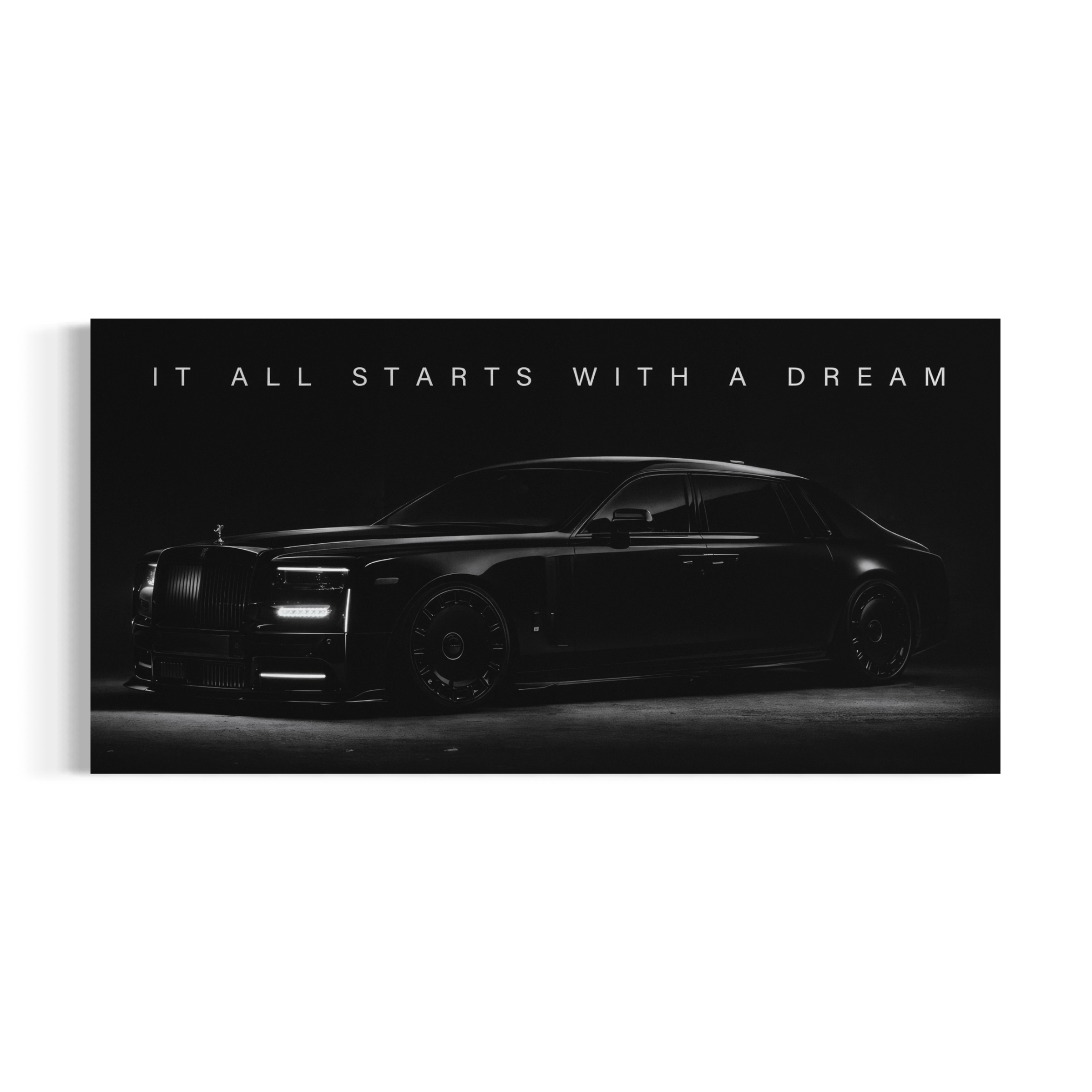 A sleek, black luxury car is shown in a dramatic black and white image, with the text "IT ALL STARTS WITH A DREAM" overlaid on the scene.