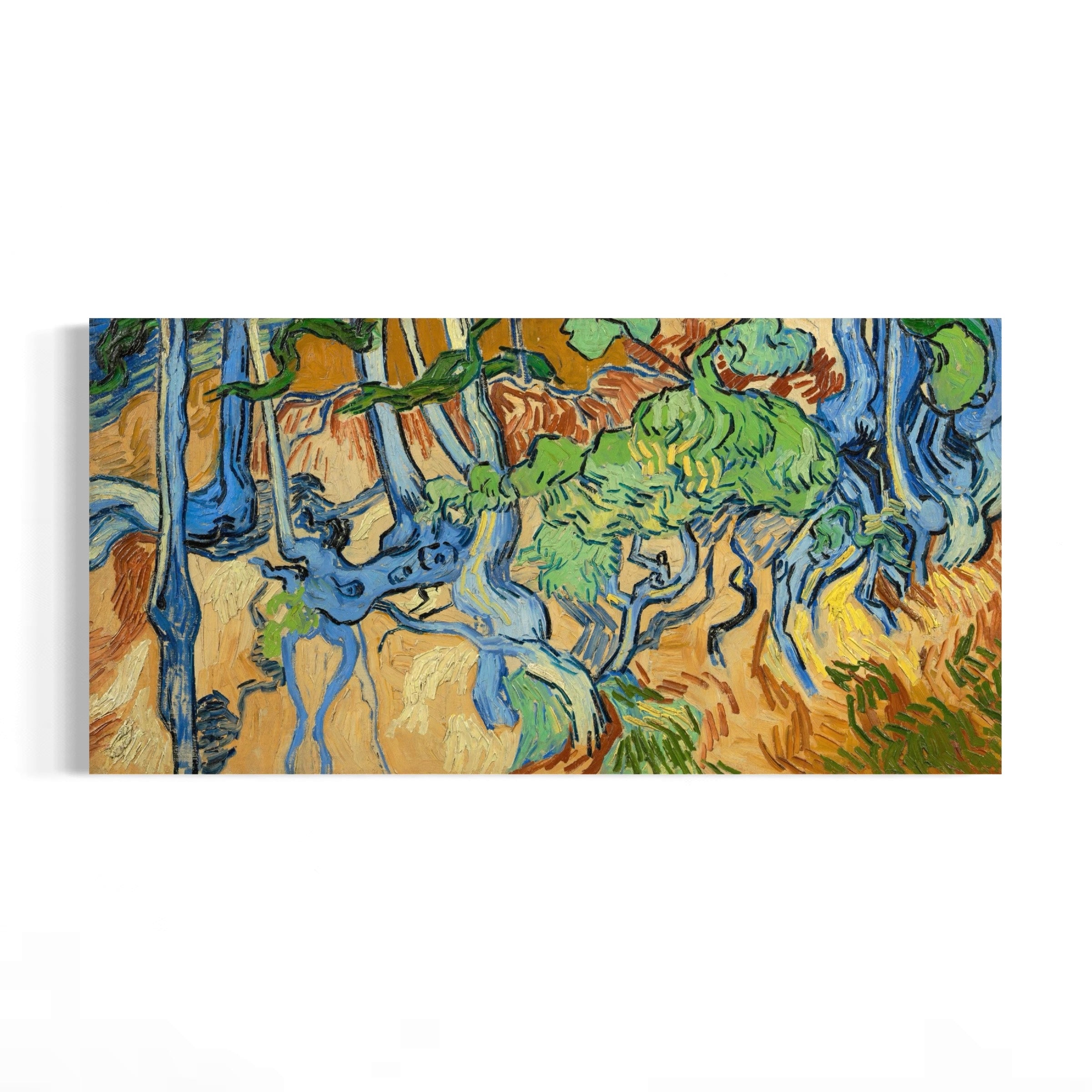 The image is an impressionist painting depicting a forest scene with a variety of trees and foliage in different shades of green, blue, and brown.