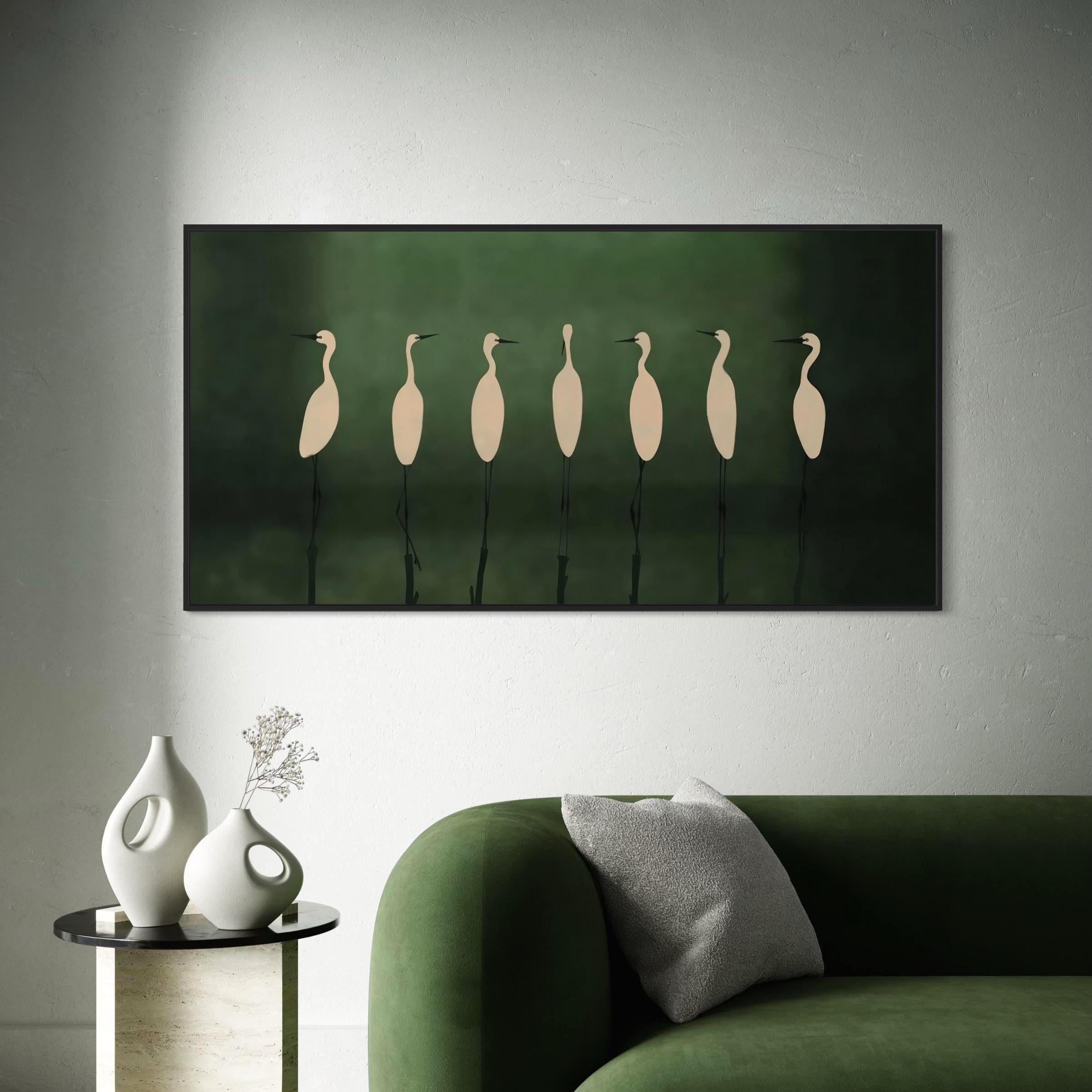 Large Heron Crane Minimalist Wall Art Canvas | Elegant White Birds on Deep Green Poster Print