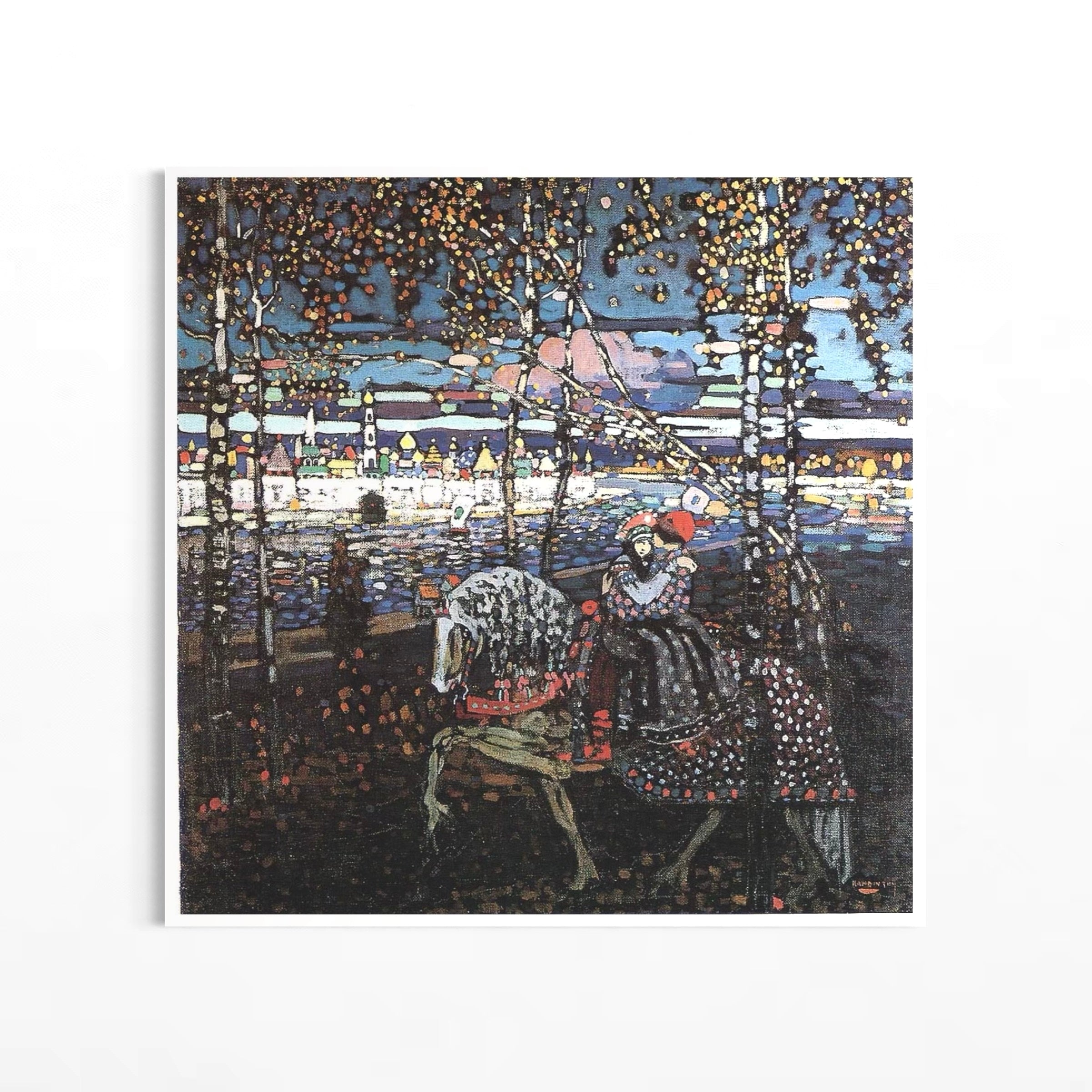 The image is a painting depicting a person riding a horse through a forested area, with a body of water visible in the background.