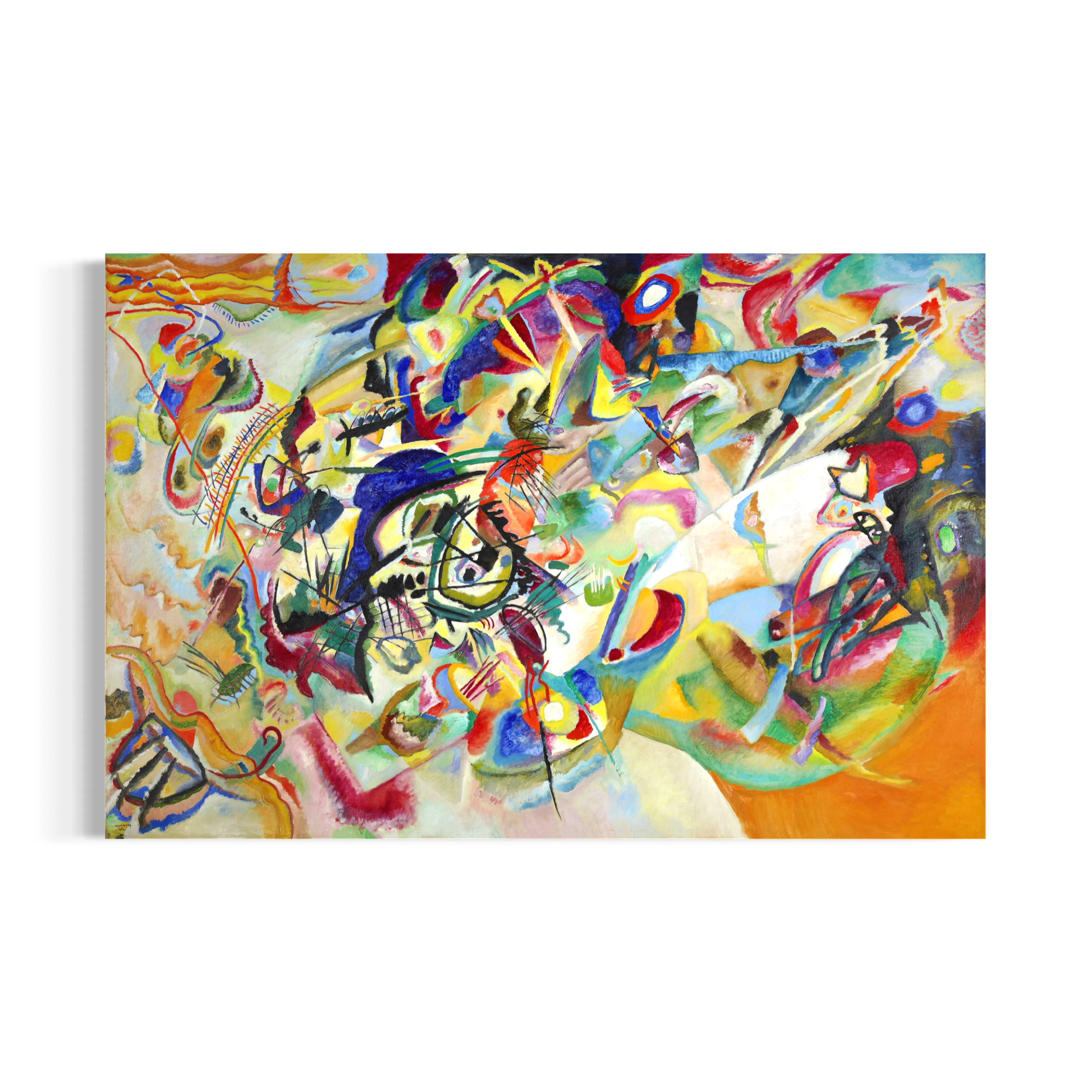 The image is a vibrant, abstract painting with a variety of colors, shapes, and textures. The painting appears to be a dynamic and energetic composition, with a sense of movement and energy.