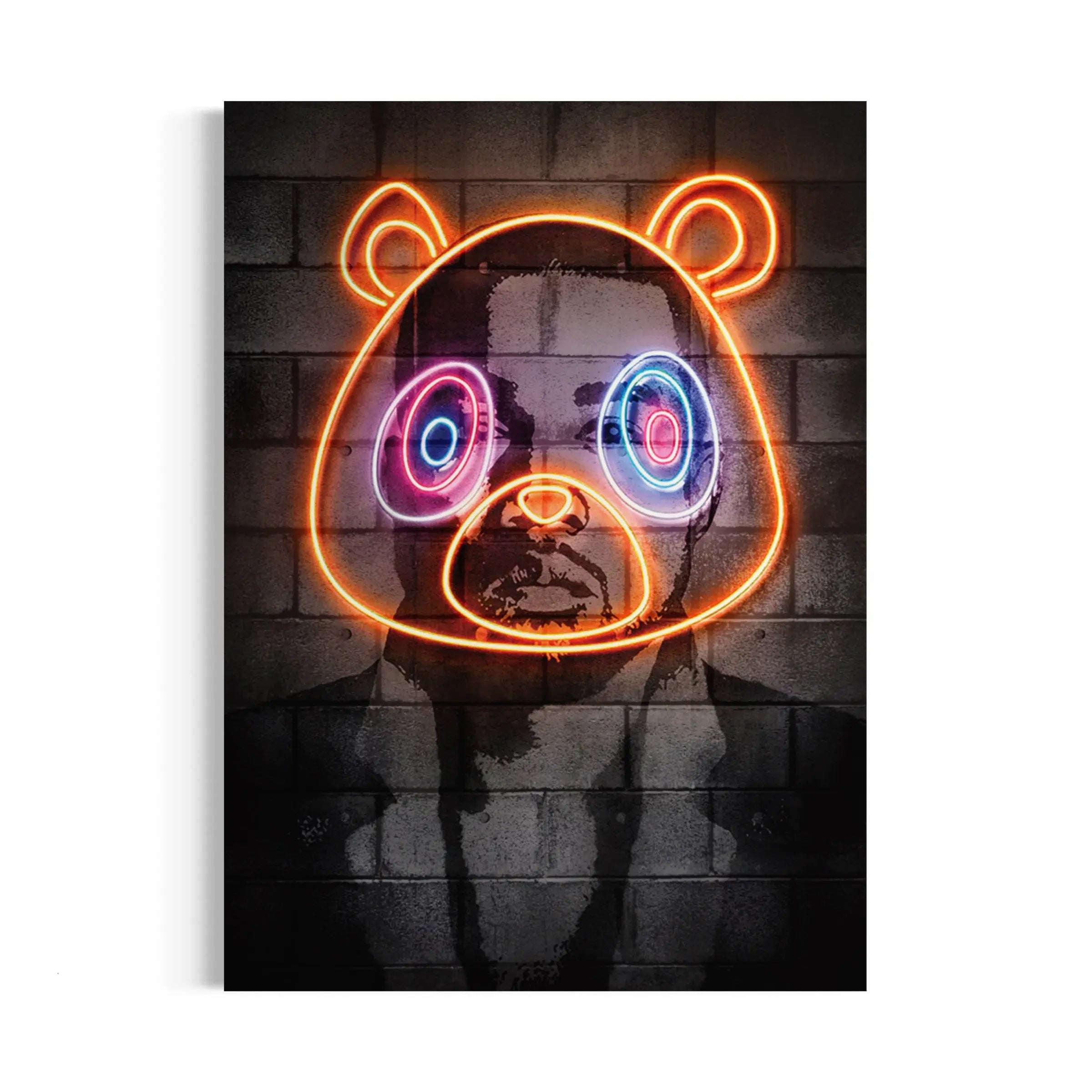 a neon panda bear head on a brick wall