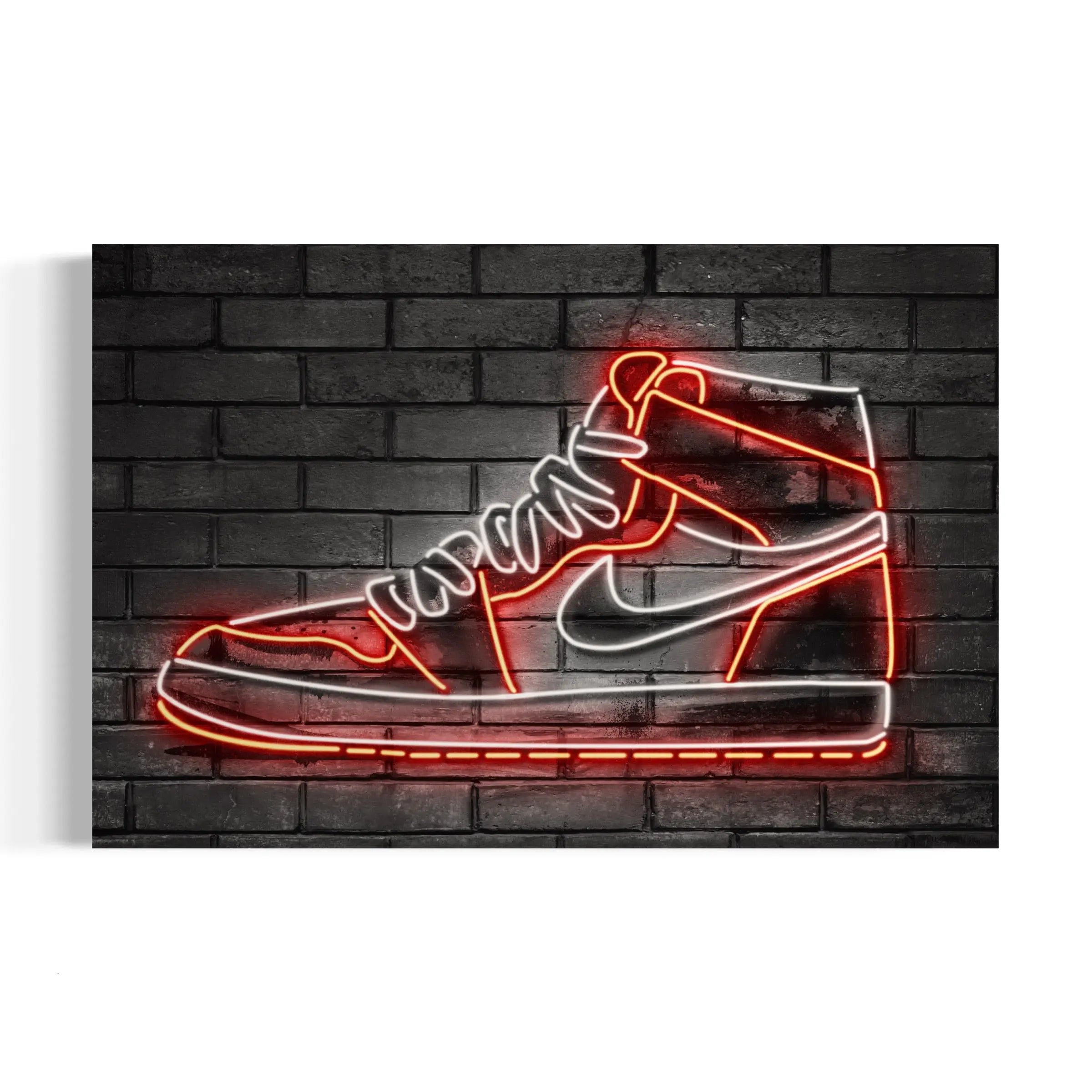 a neon nike shoe on a brick wall