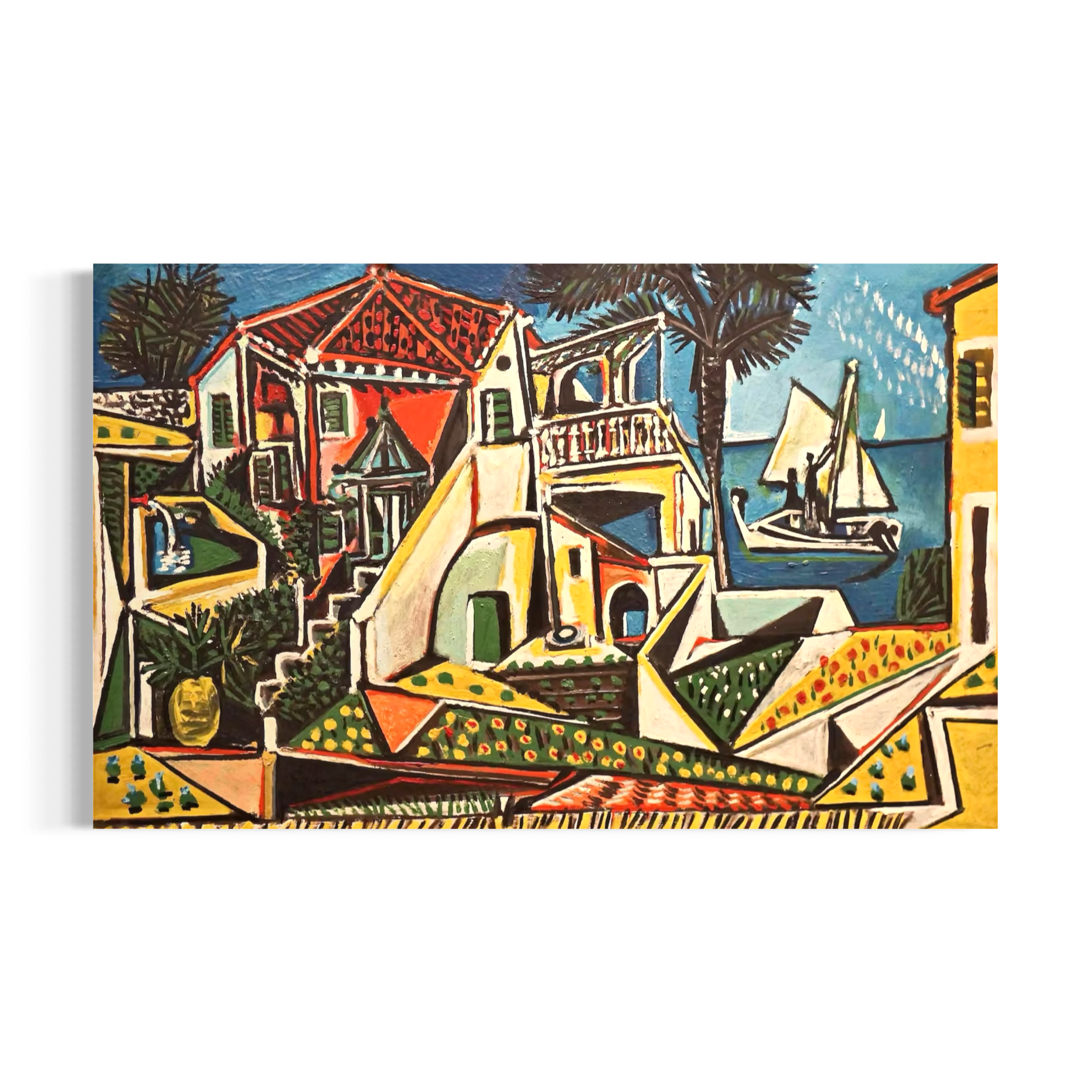 The image is a colorful painting depicting a coastal town scene with a sailboat in the background.
