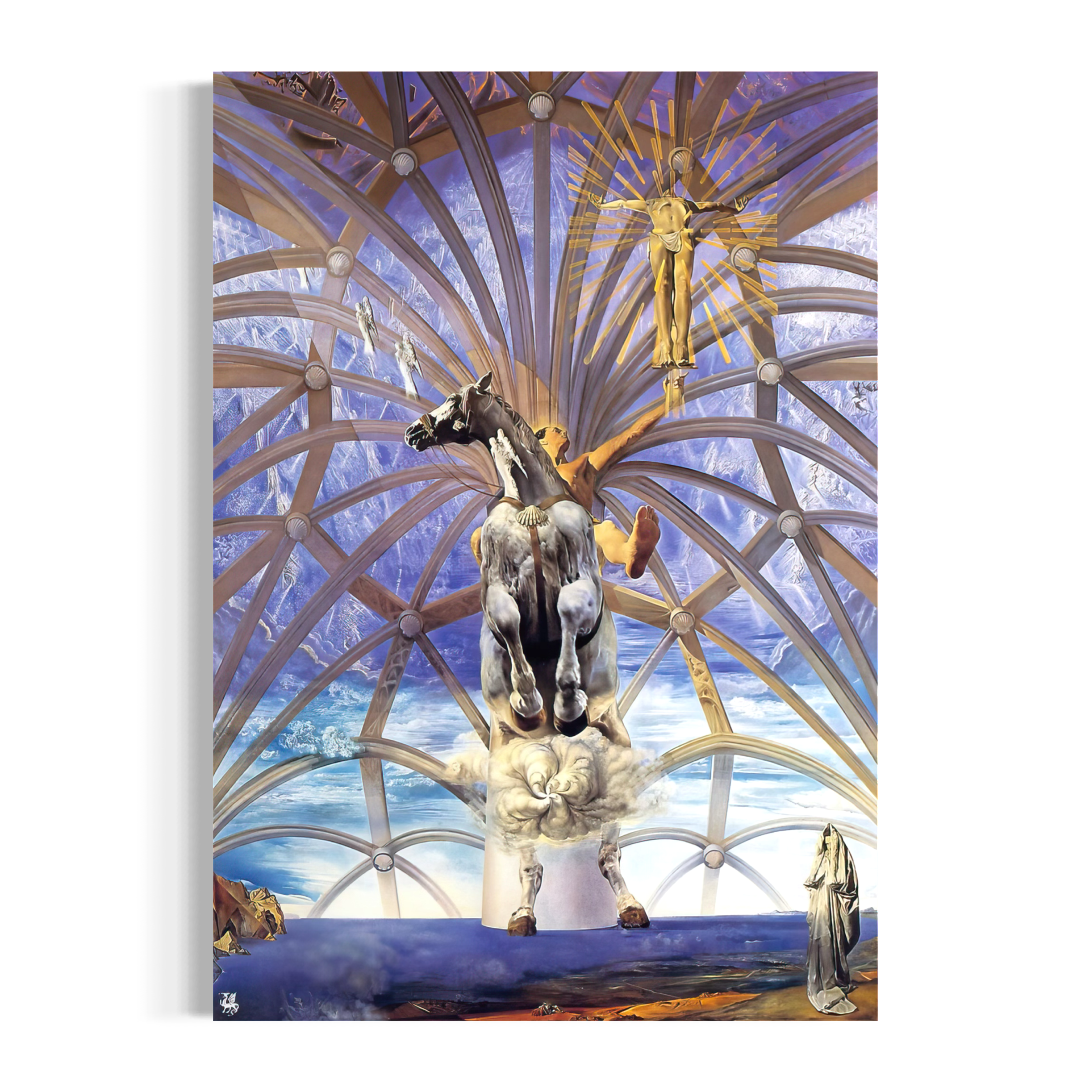 The image is a surreal and dreamlike painting featuring a horse, a woman, and a golden figure against a backdrop of a purple sky with a large arch structure.