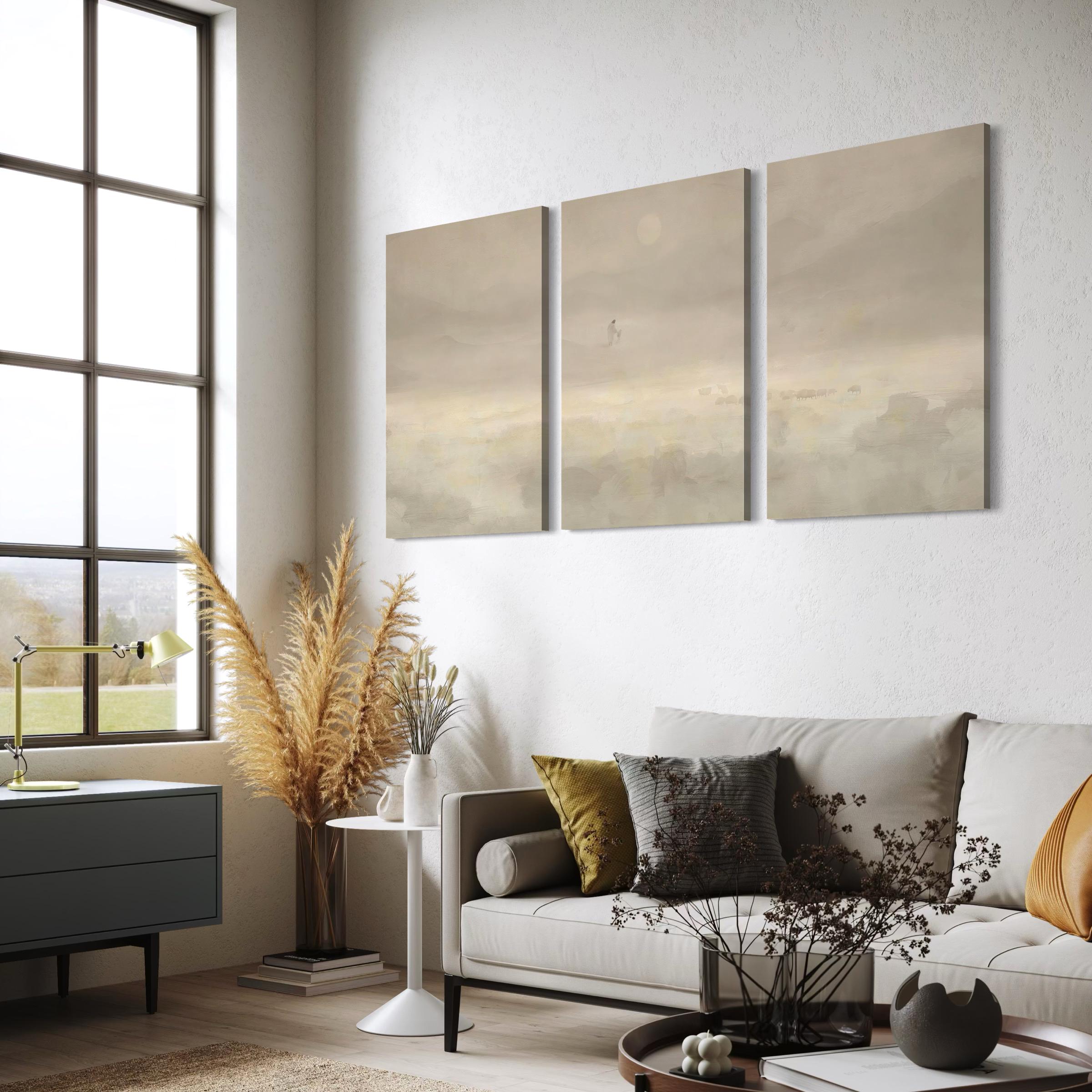 Jesus & Sheep Set of 3 Wall Art Canvas | Framed Poster Prints | Minimalist Christian Pastoral