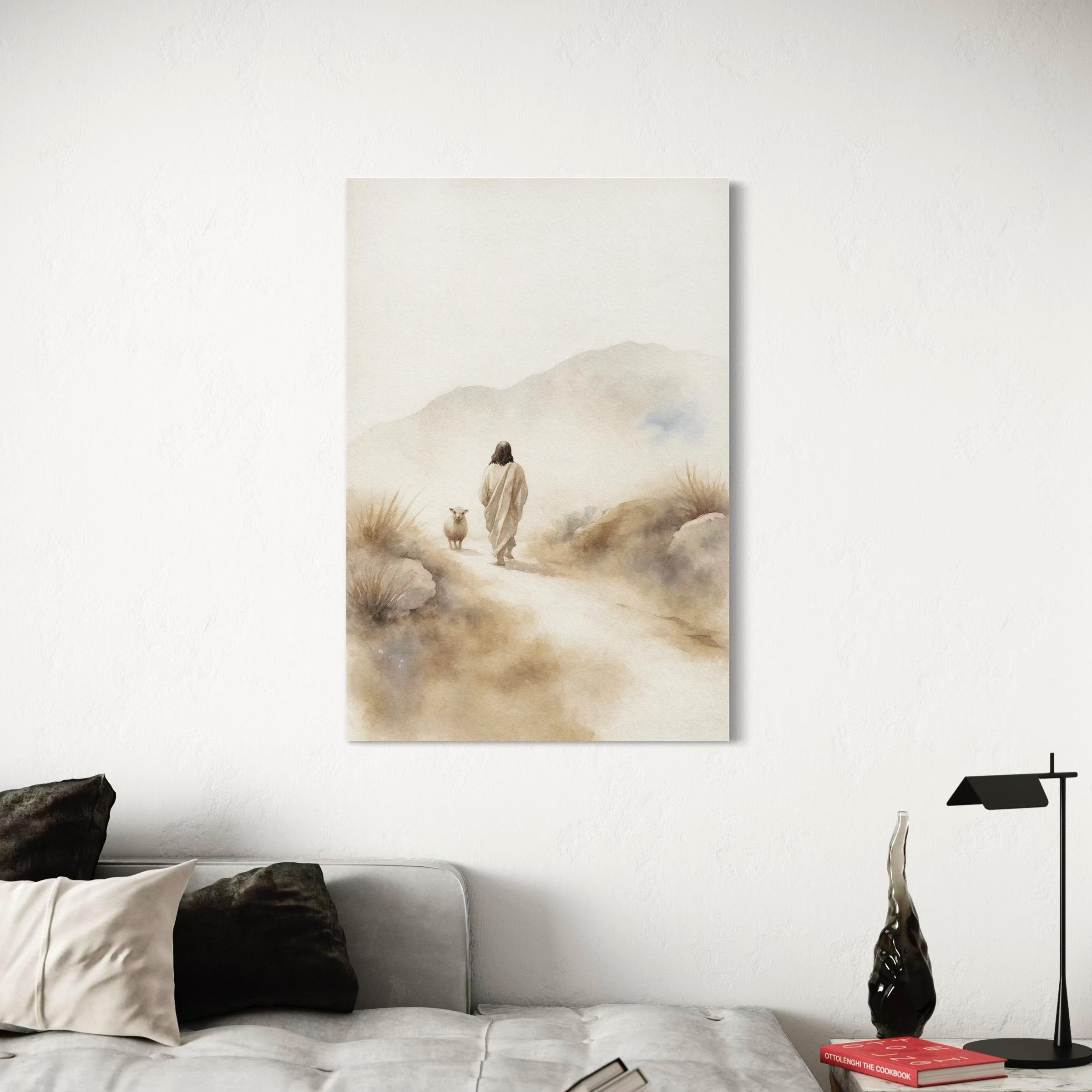 Jesus & Sheep Wall Art Canvas | Minimalist Christian Poster Print | Pastoral Abstract Landscape