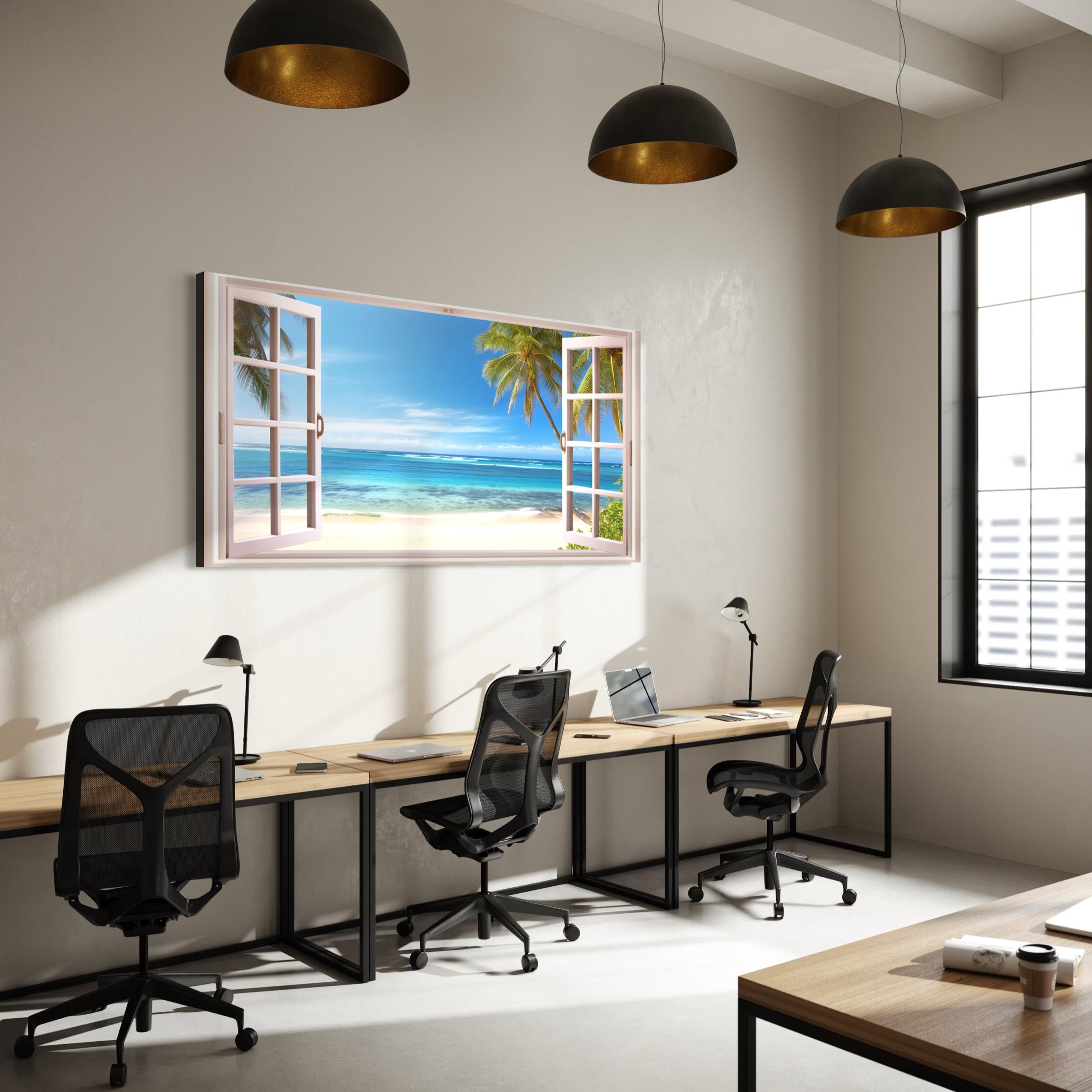 Beach Window View Tropical Ocean Palm Trees | Coastal Landscape Wall Art Canvas | Poster Print