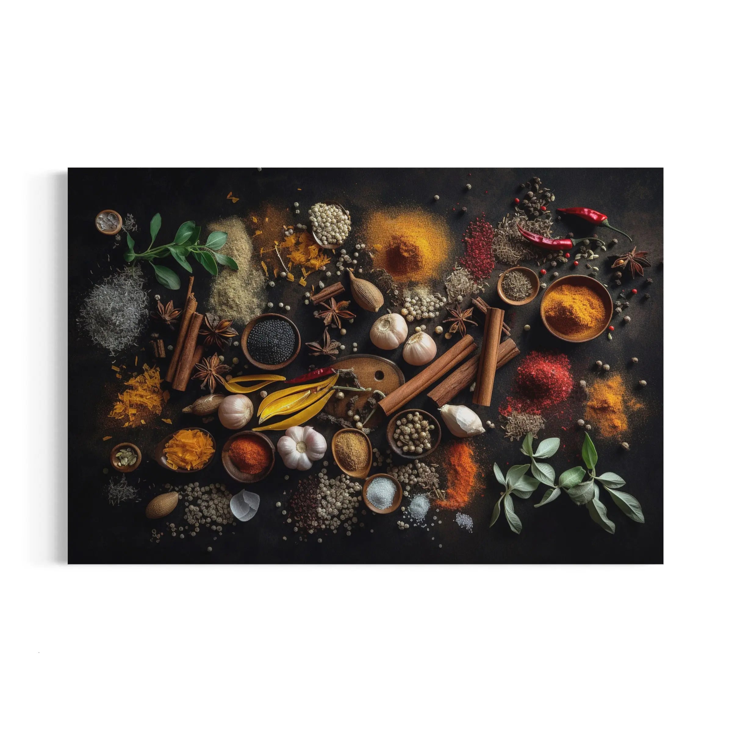 a painting of spices and herbs on a black background