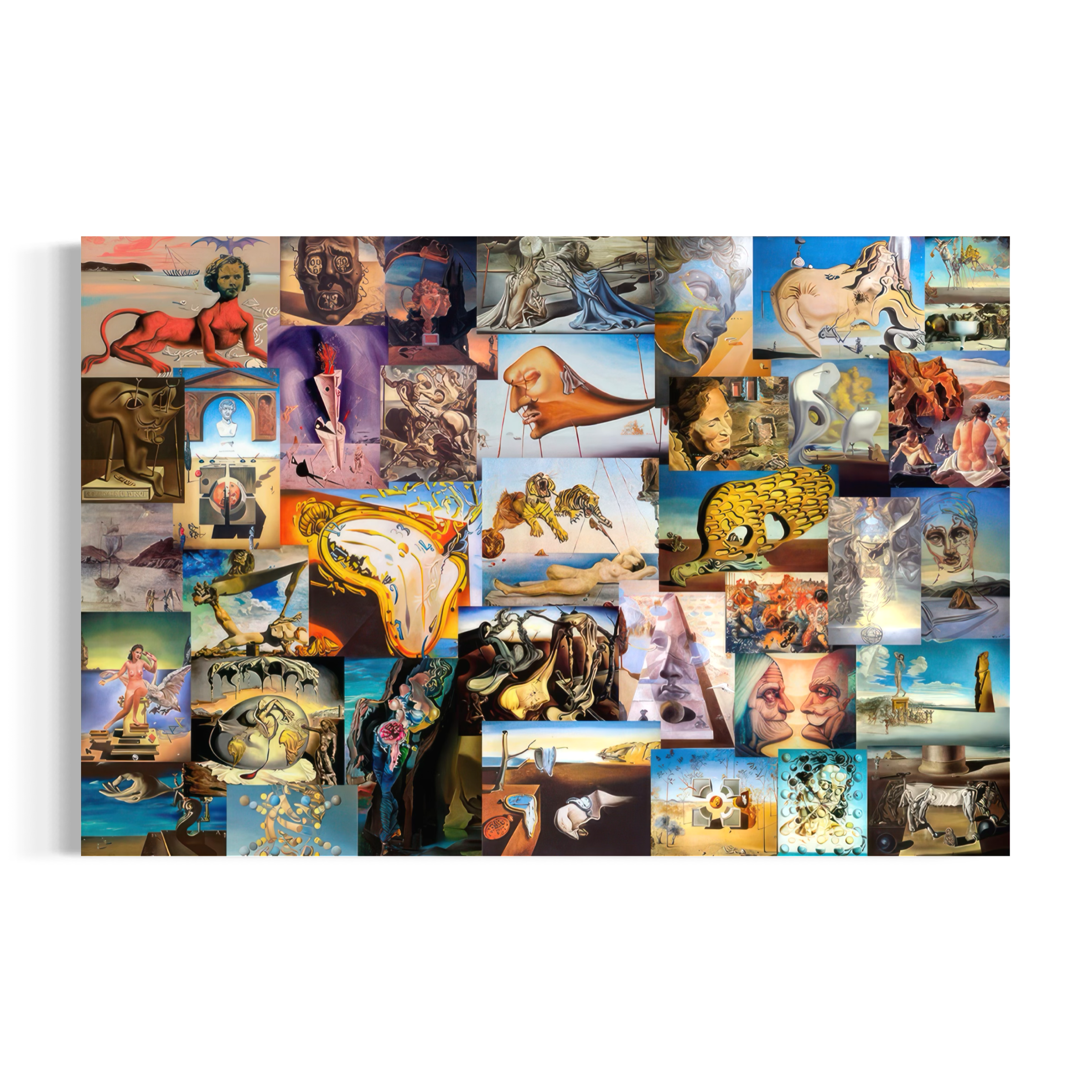 The image is a collage of various surreal and dreamlike images, including melting clocks, animals, and other fantastical scenes.