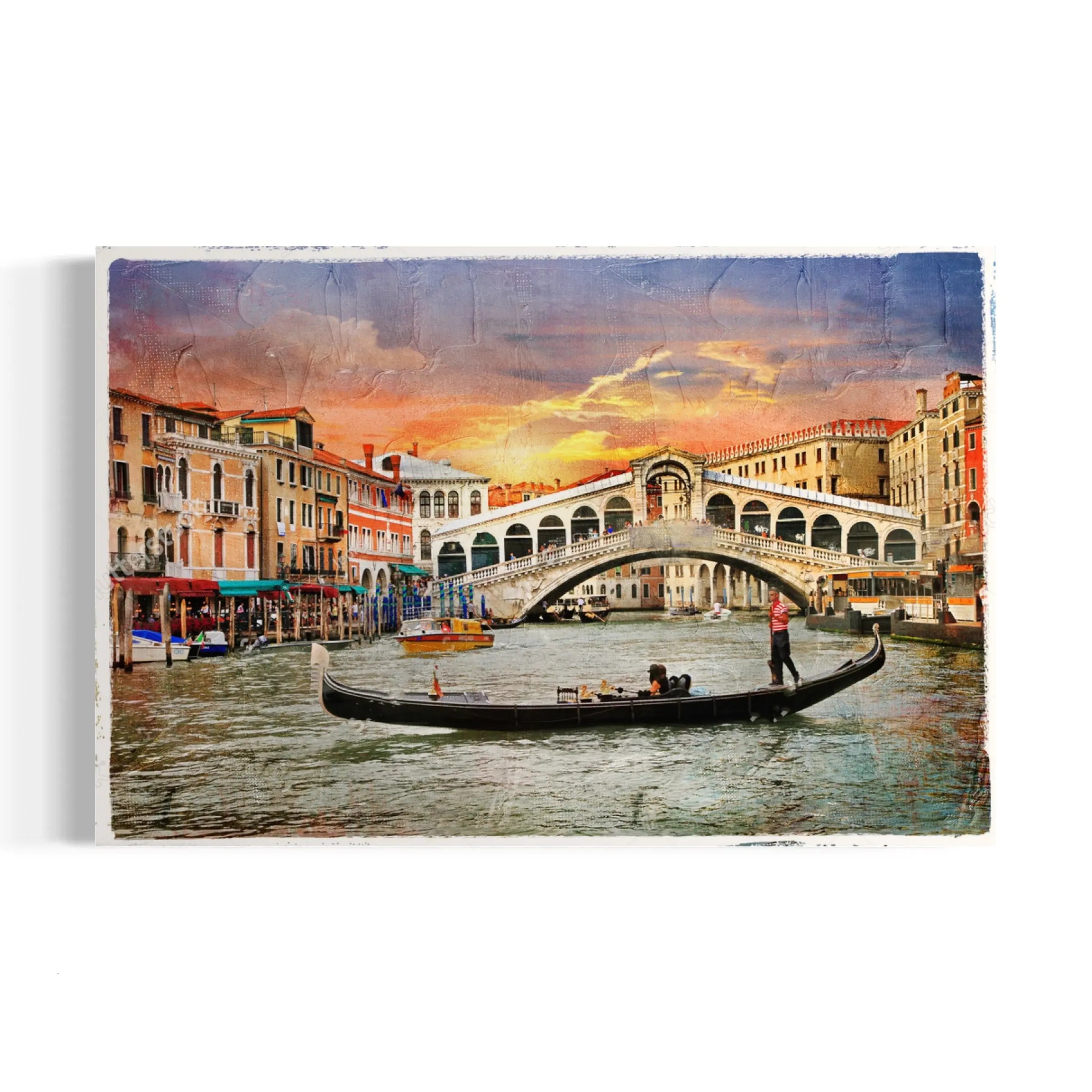 a painting of a gondola on a river with a bridge in the background