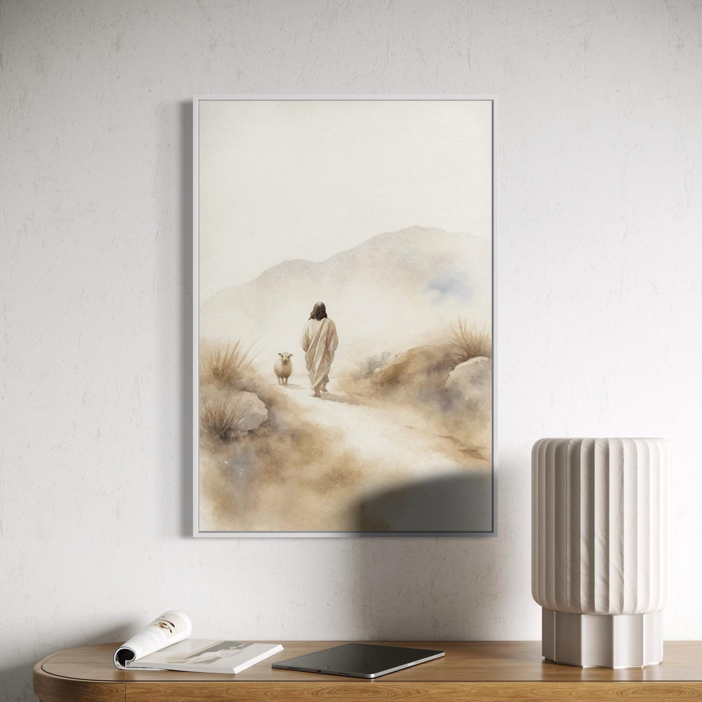Jesus & Sheep Wall Art Canvas | Minimalist Christian Poster Print | Pastoral Abstract Landscape