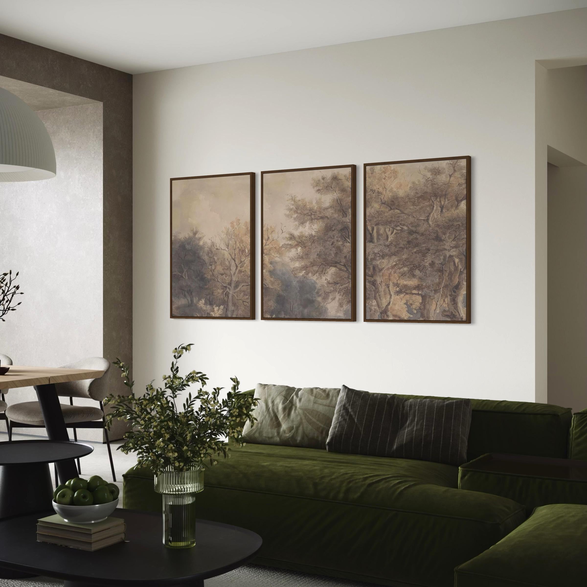 Vintage Forest Wall Art Set of 3 Landscape Canvas Prints | Neutral Woodland Triptych Poster