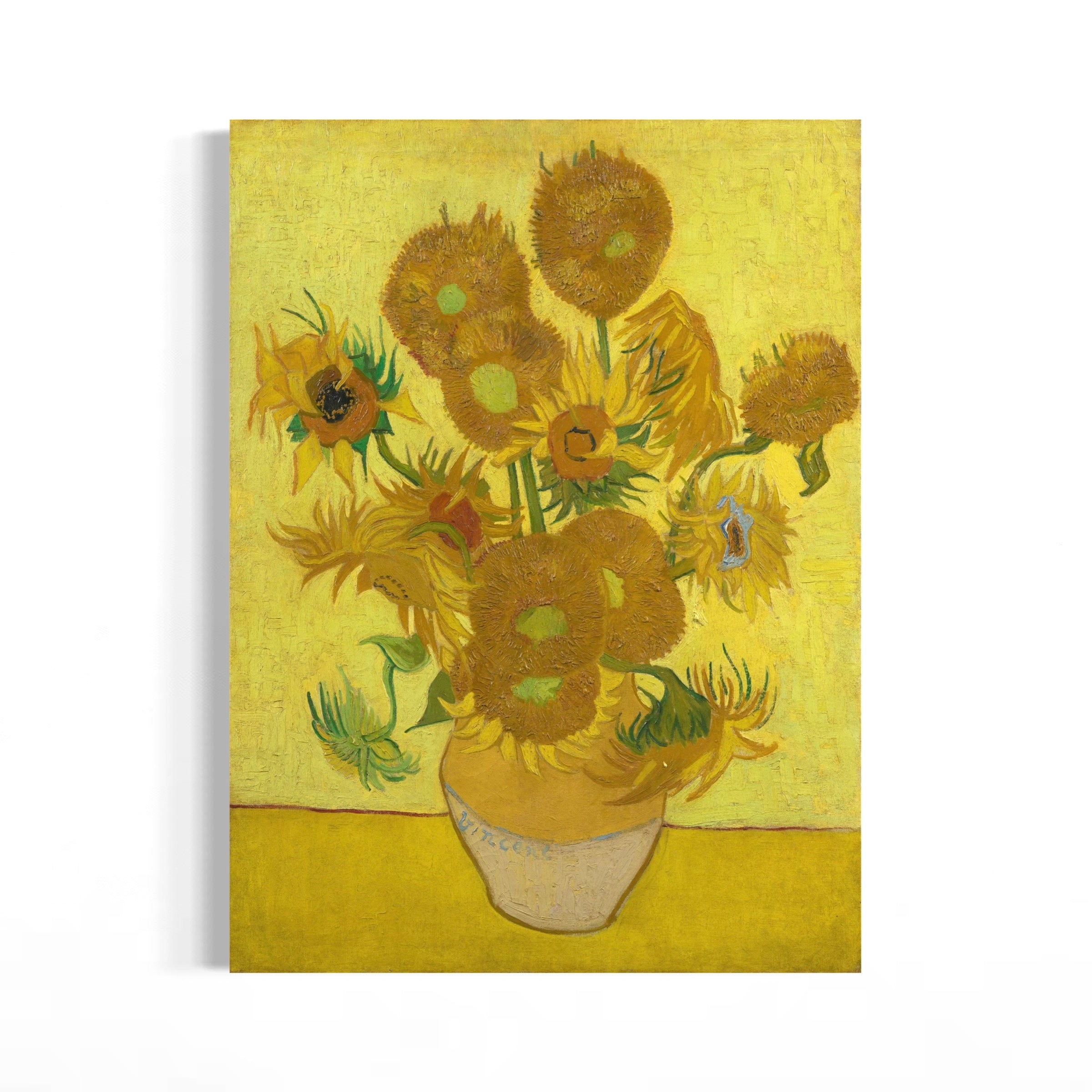 The image is a painting of a vase filled with various types of flowers, including sunflowers, against a yellow background.