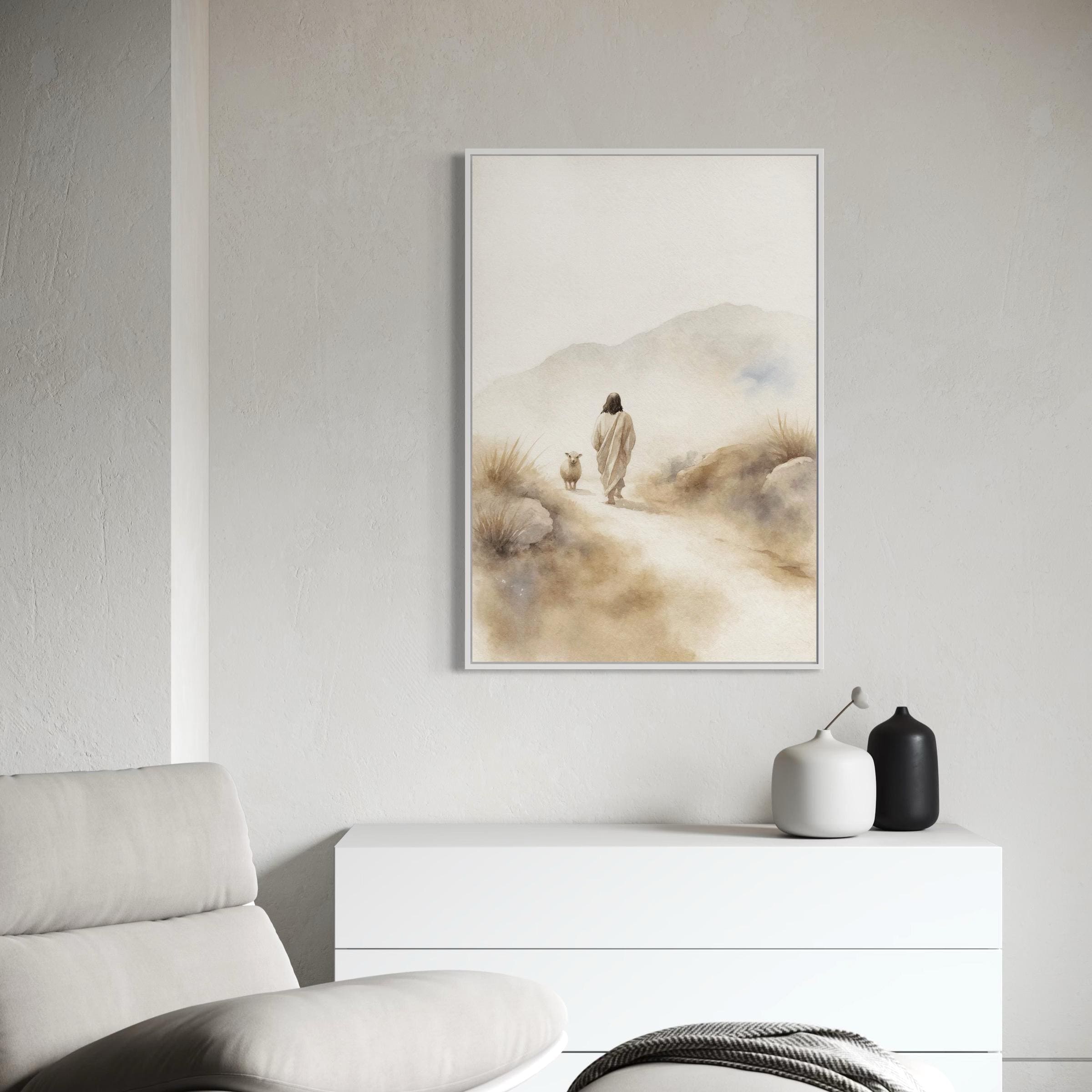 Jesus & Sheep Wall Art Canvas | Minimalist Christian Poster Print | Pastoral Abstract Landscape