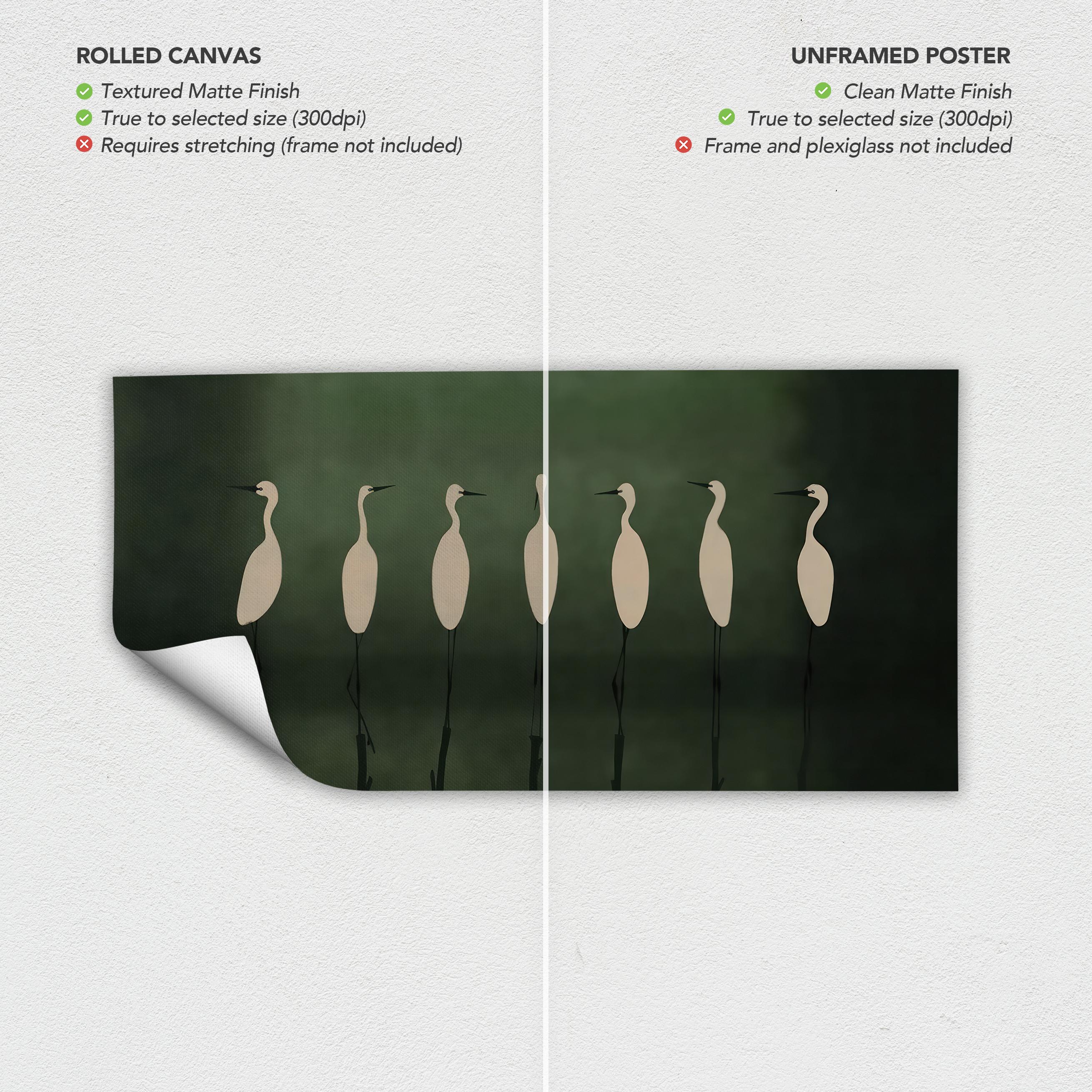 Large Heron Crane Minimalist Wall Art Canvas | Elegant White Birds on Deep Green Poster Print