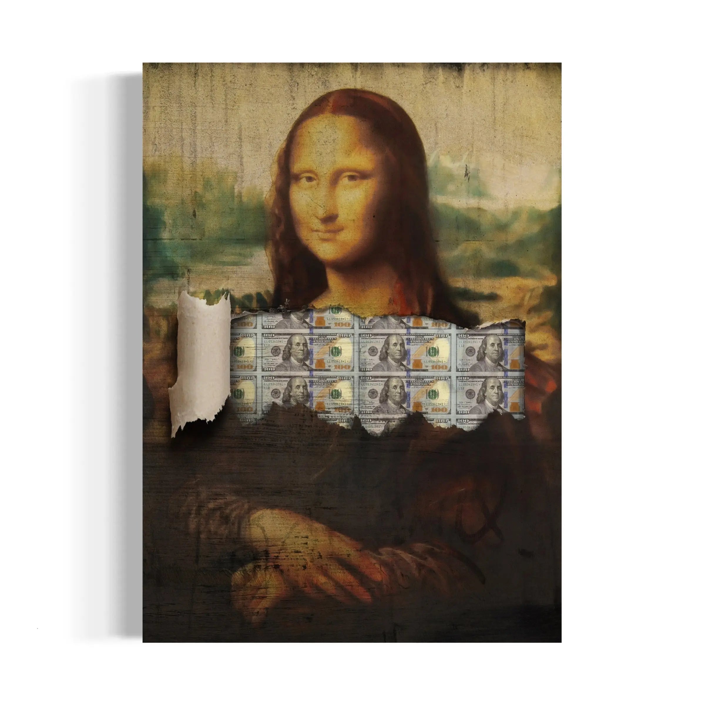 a painting of a woman holding a bunch of money