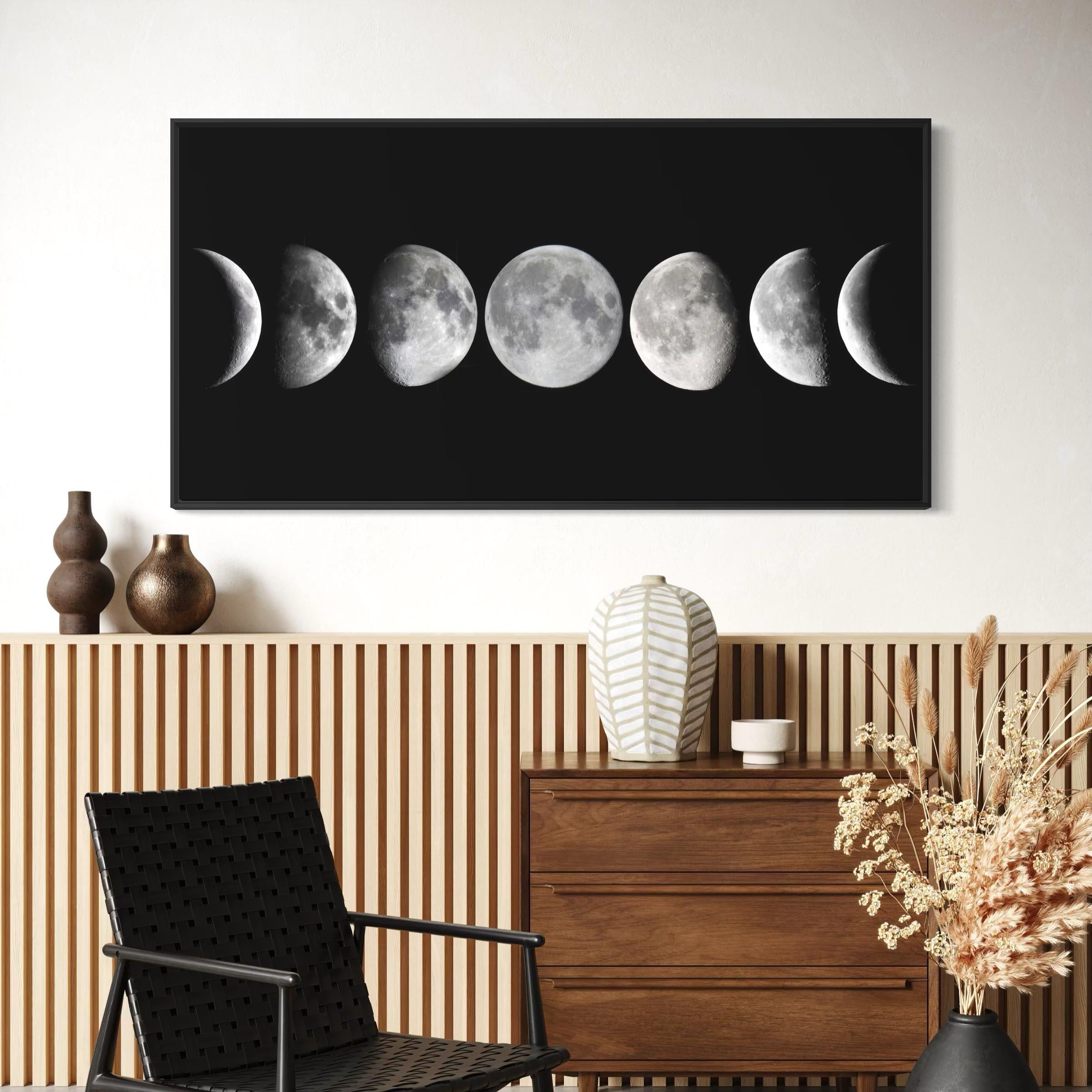 Lunar Phases Cycle | Black Minimalist Moon Astronomy Wall Art Canvas | Space Art Poster Print