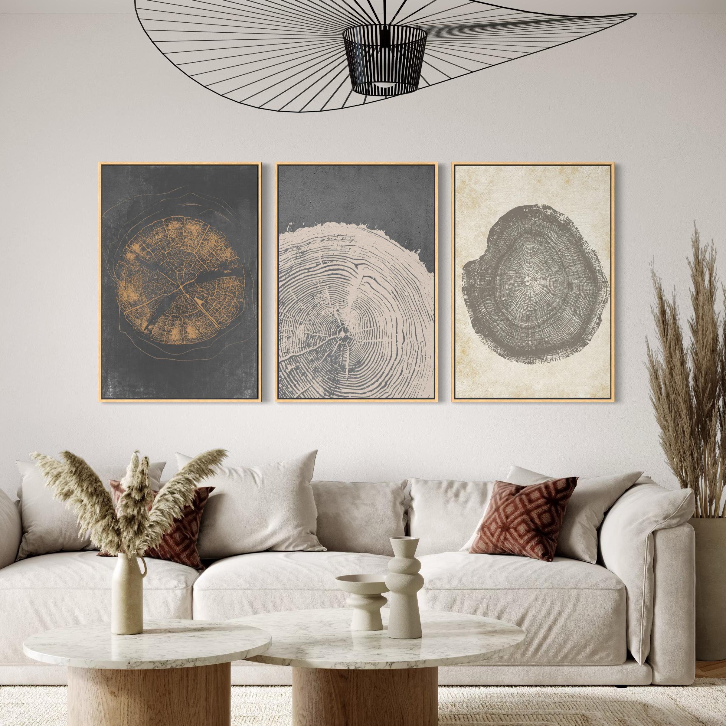 Set of 3 Canvas | Poster Prints Pastel Grunge Wood Tree Rings | Minimalist Modern Boho Art