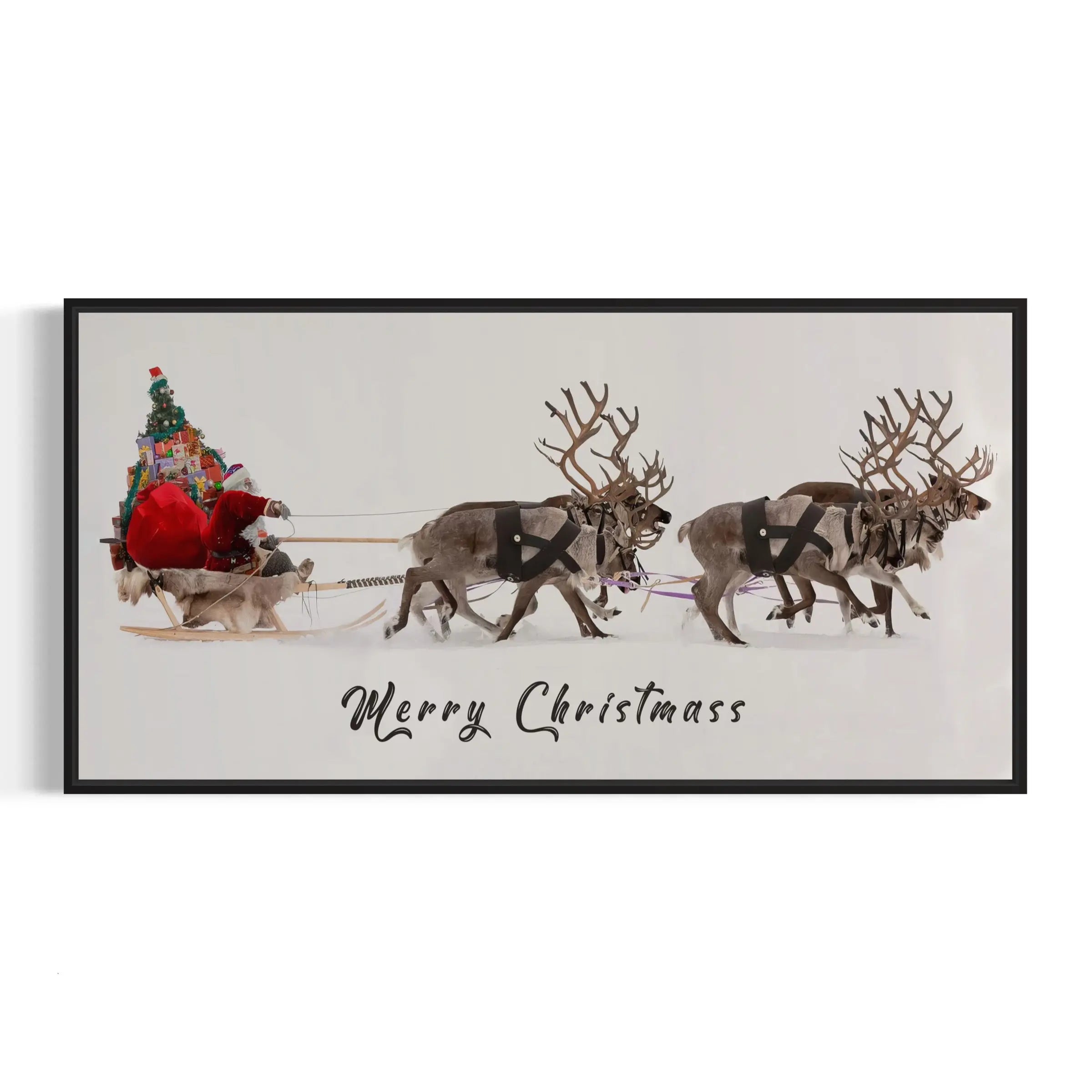 a christmas card with reindeer pulling a sleigh