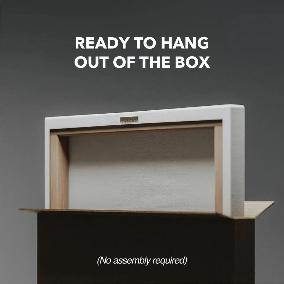 a white box with the words ready to hang out of the box
