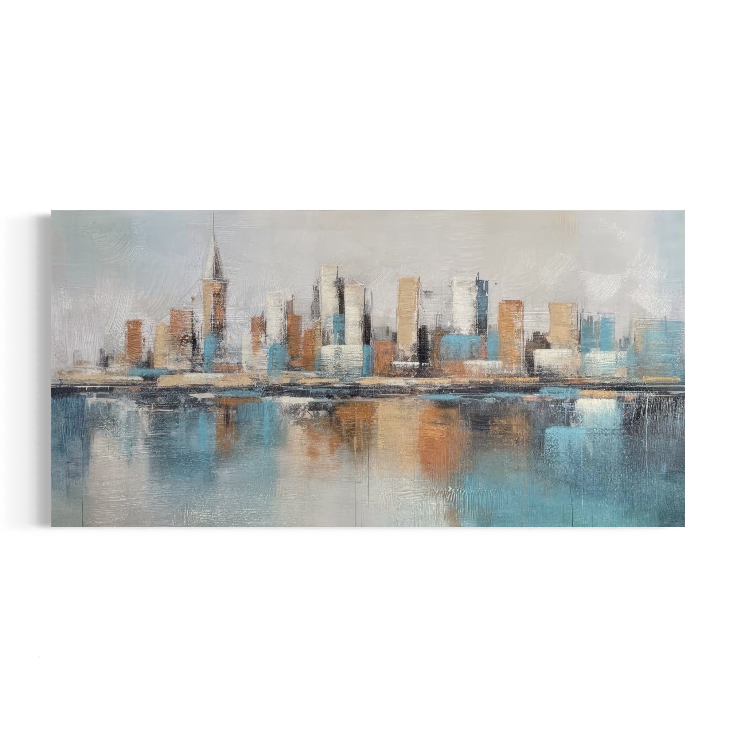 a painting of a cityscape on a white wall