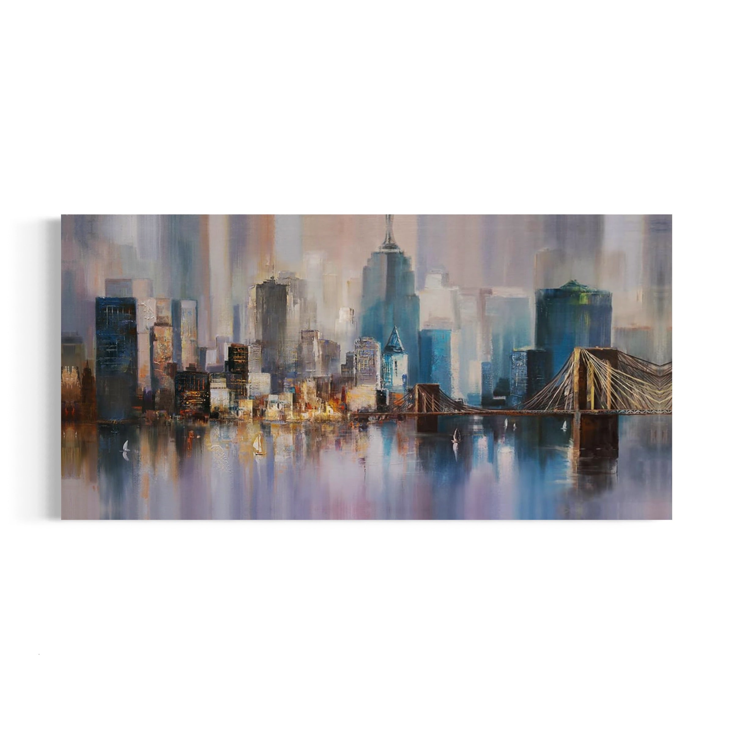 a painting of a city skyline with a bridge in the foreground