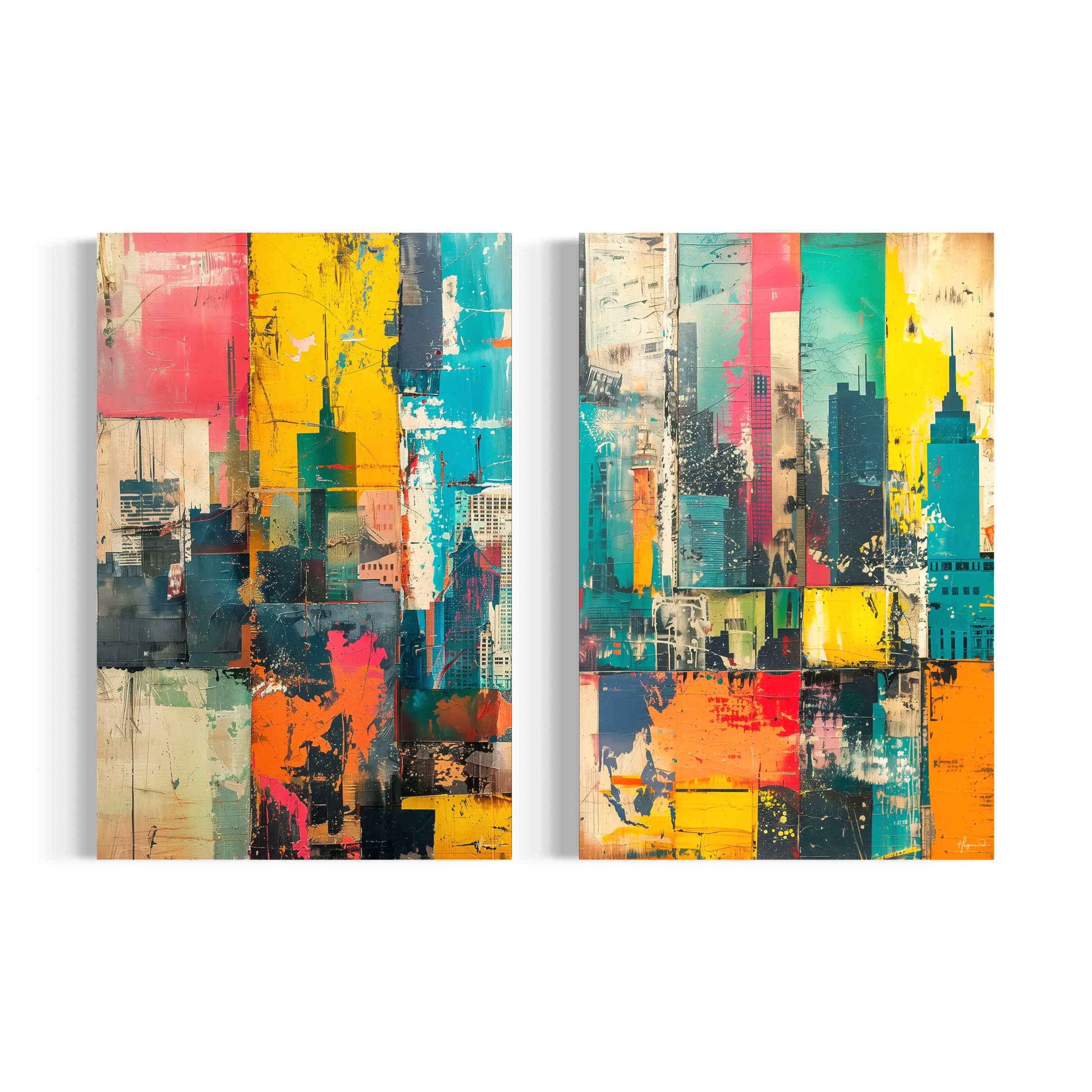 The image is a vibrant, abstract painting featuring a cityscape with a mix of bold colors and dynamic brushstrokes.