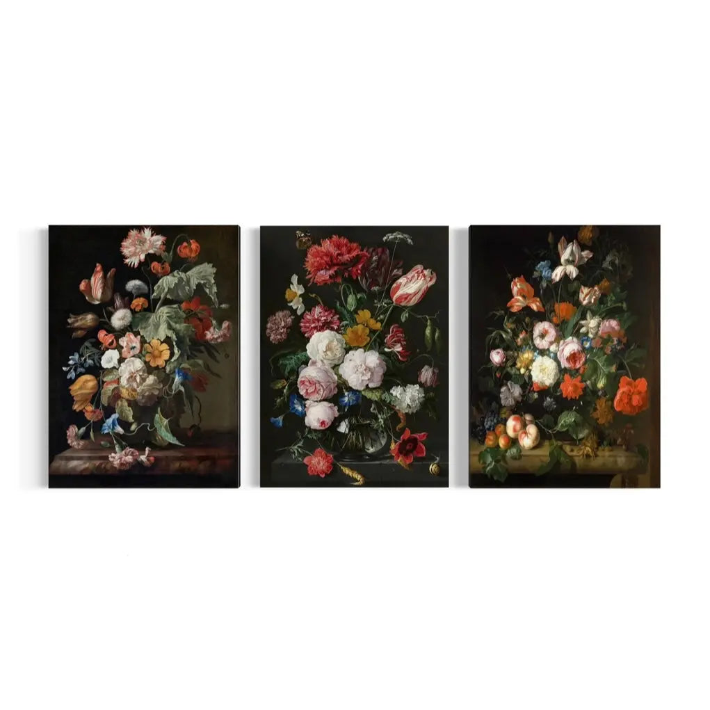 three paintings of flowers in a vase on a table