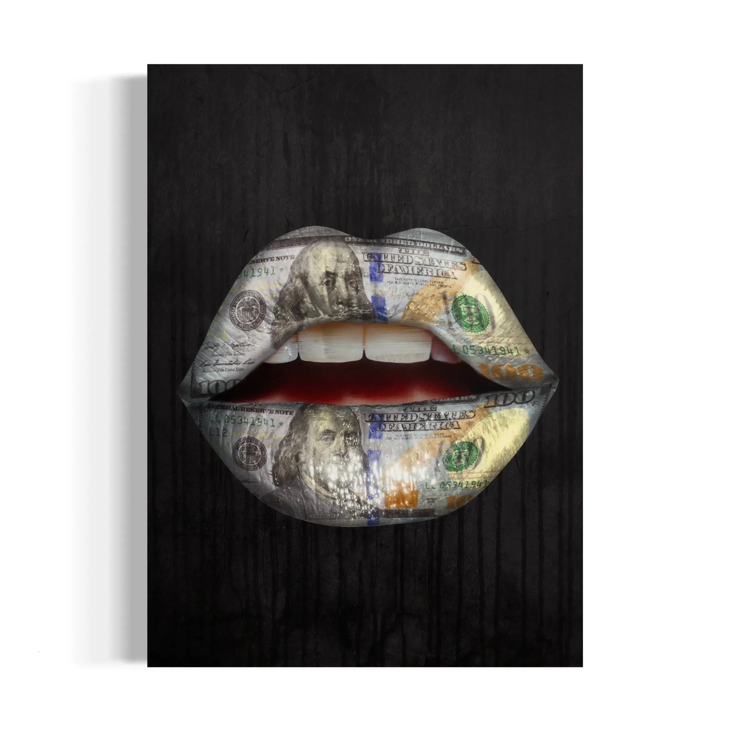 a woman's mouth with money painted on it