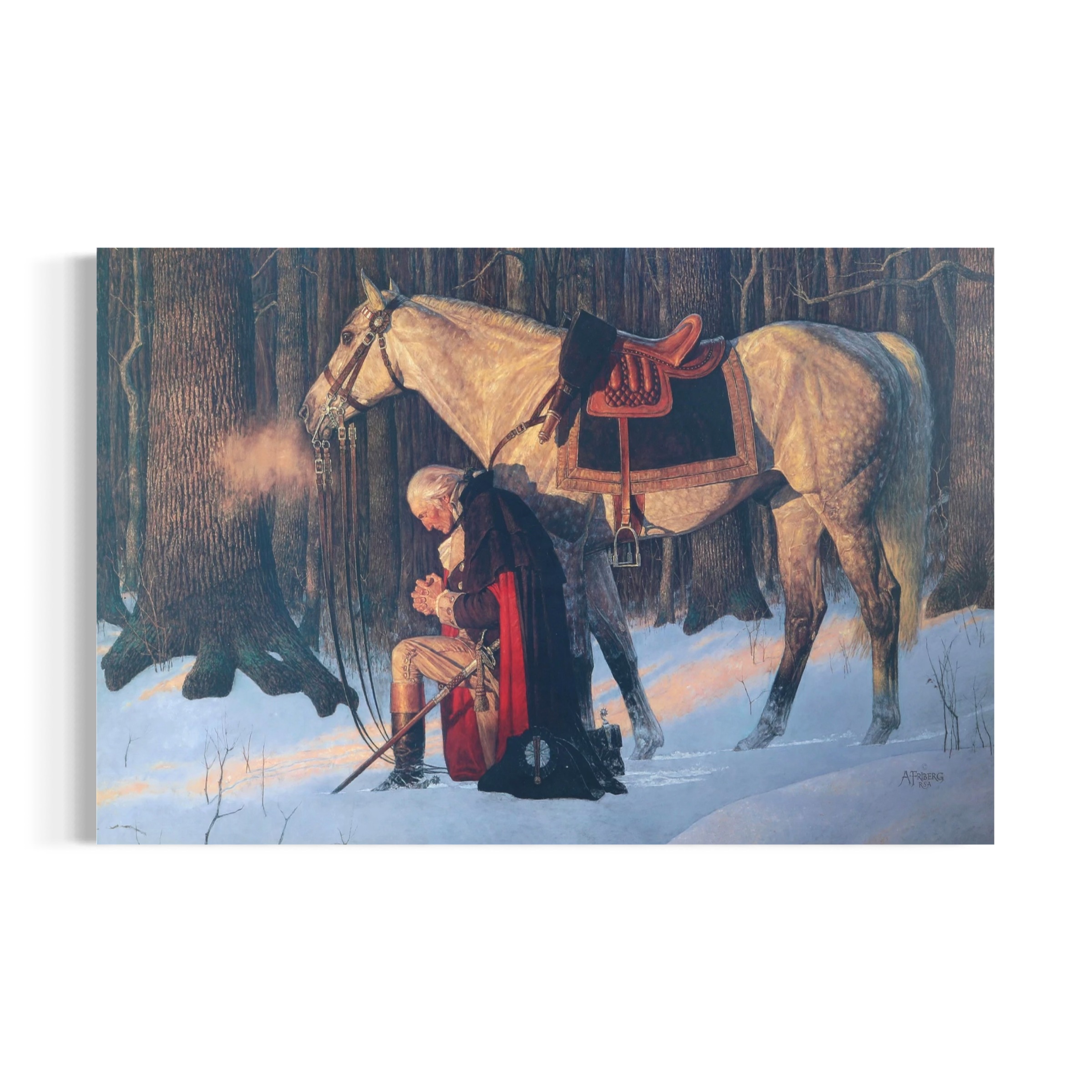 A painting depicting a man in a red cape kneeling in the snow next to a white horse with a red saddle, surrounded by a snowy forest.