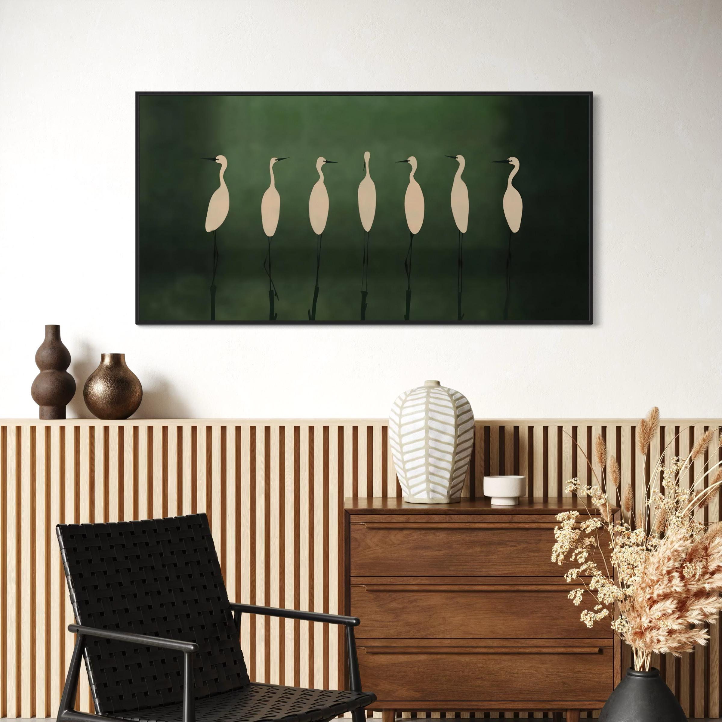 Large Heron Crane Minimalist Wall Art Canvas | Elegant White Birds on Deep Green Poster Print