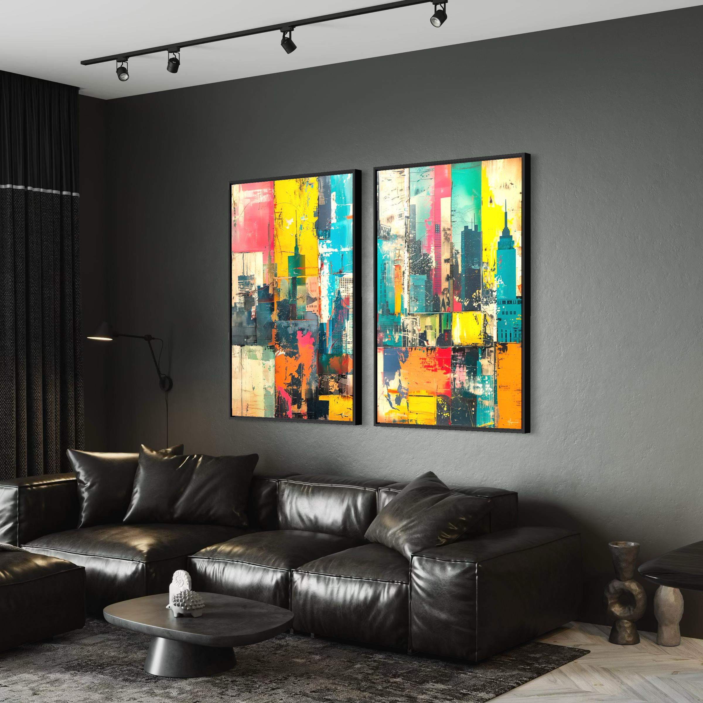 NYC Skyline Canvas Wall Art Set of 2 | Abstract City Urban Framed Poster Prints