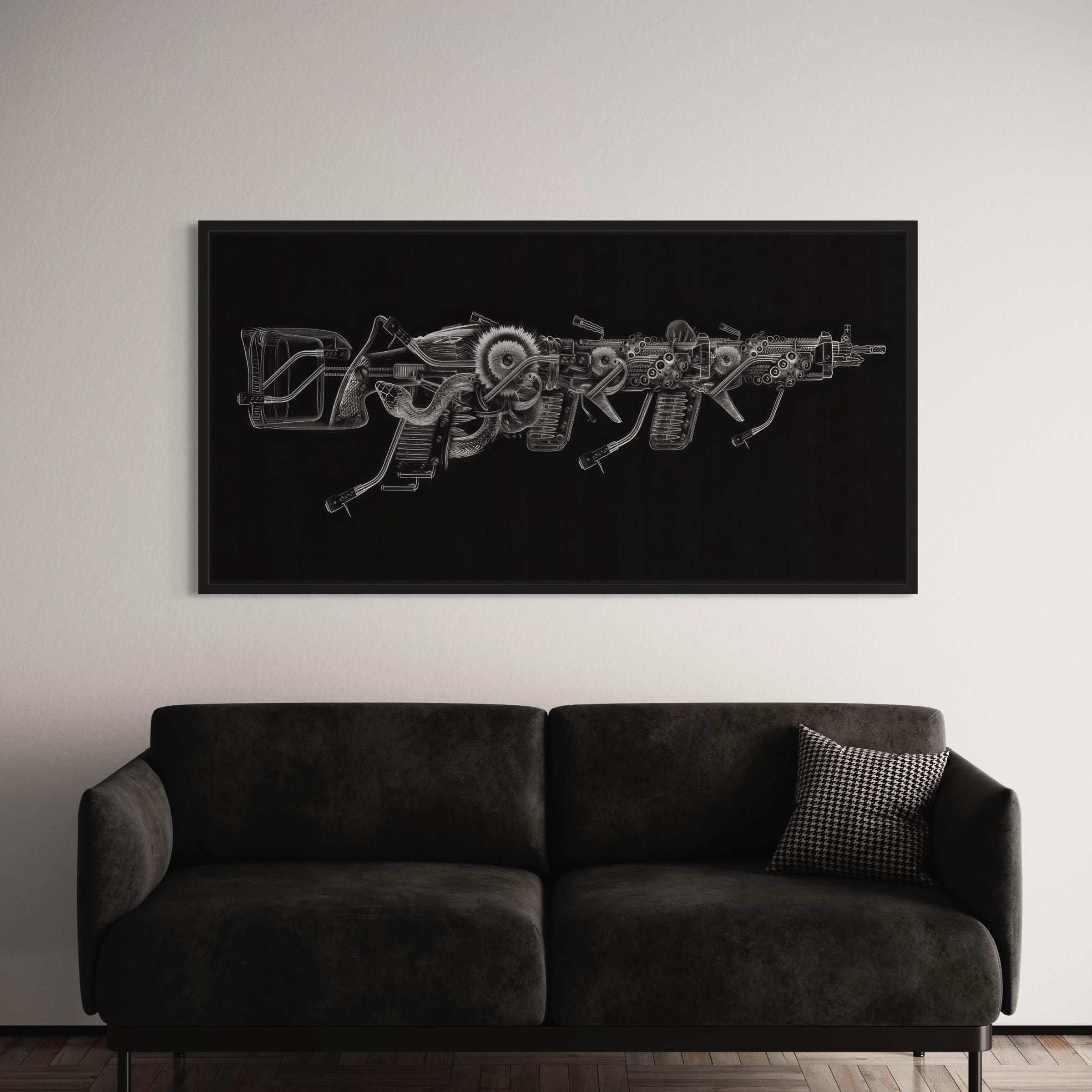Mechanical Gun Blueprint Futuristic Weapon Schematic | Canvas Art | Poster Print