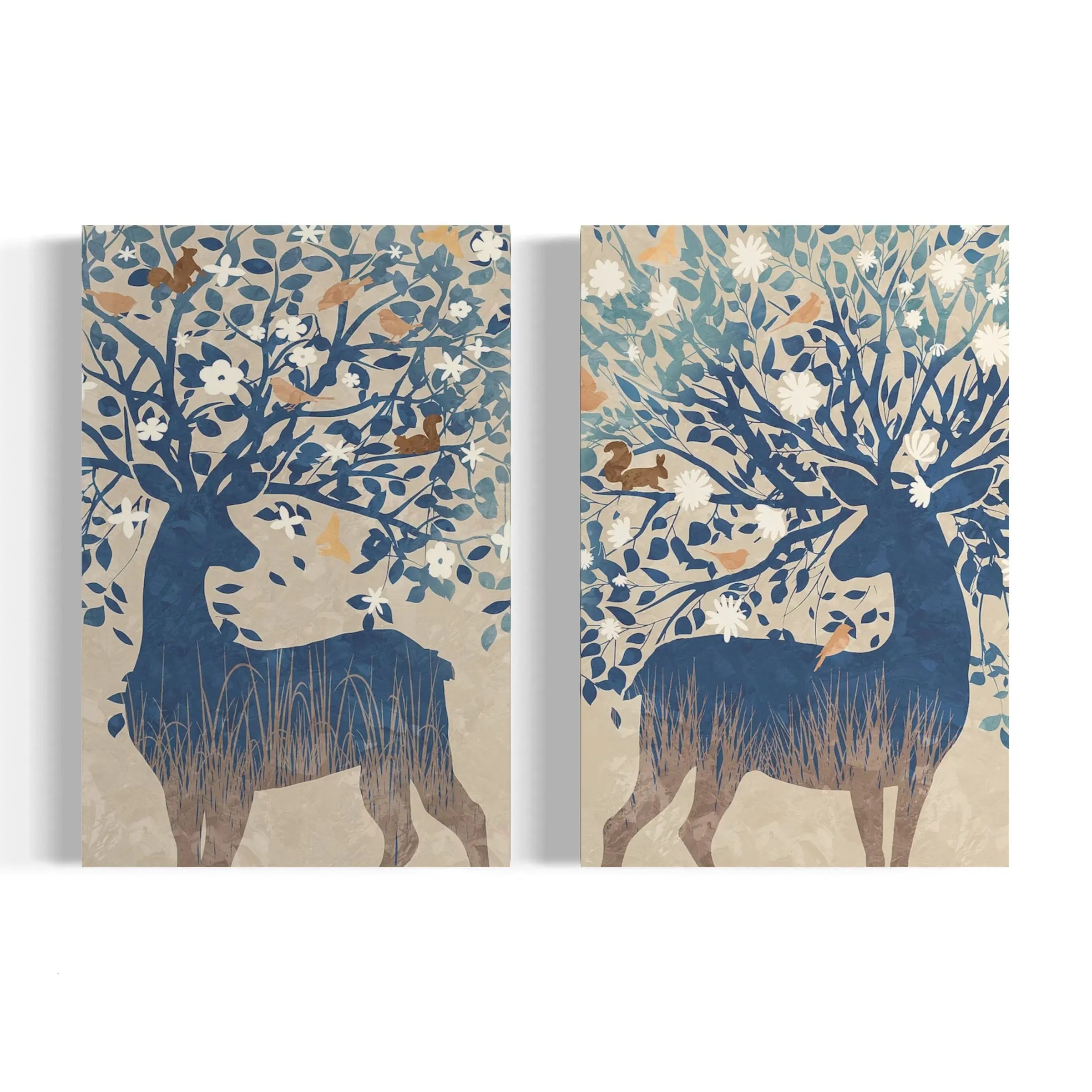 a couple of paintings of deer standing next to each other