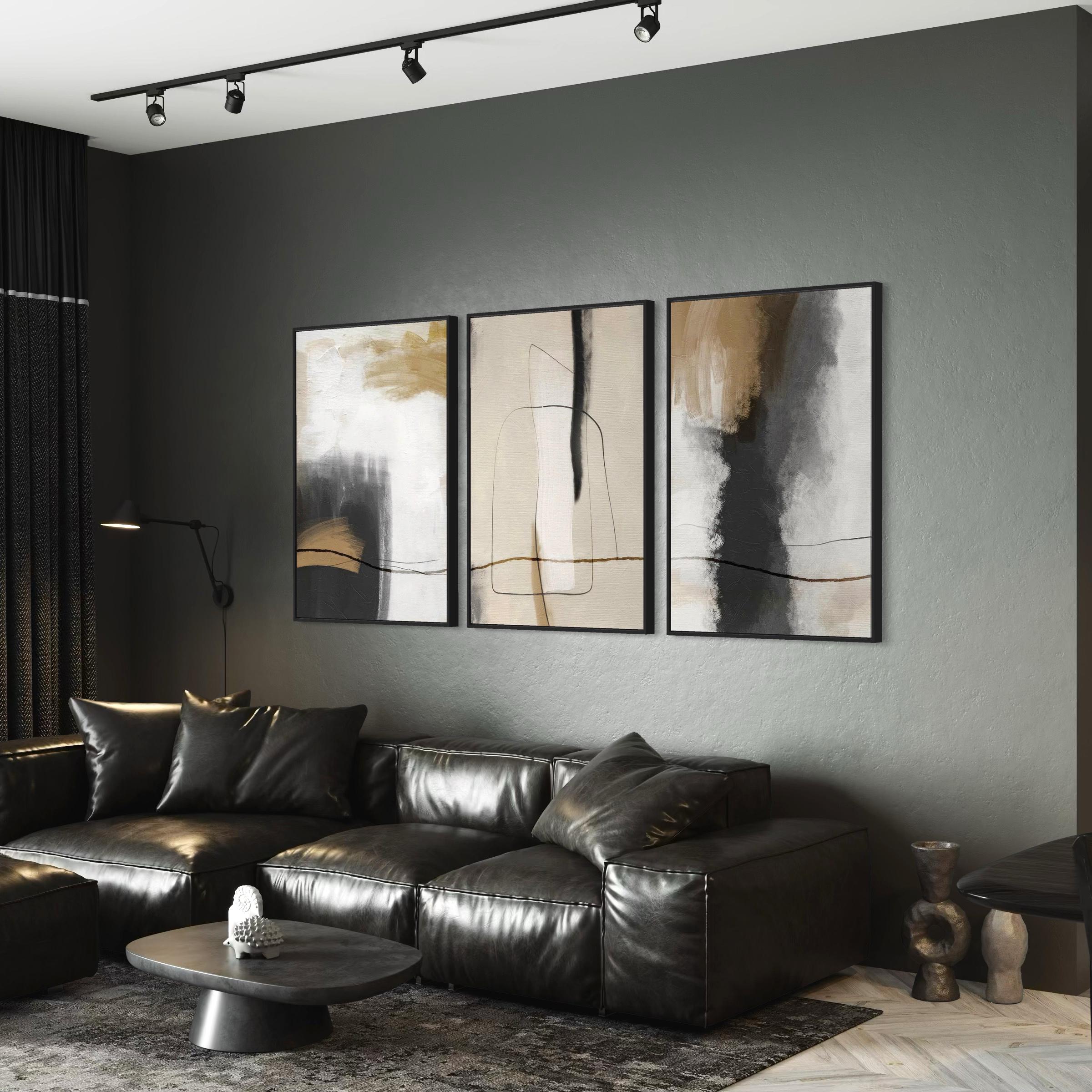 Set of 3 Abstract Canvas Wall Art | Grunge Poster Prints Stroke Effect Tan Gray Neutral Organic