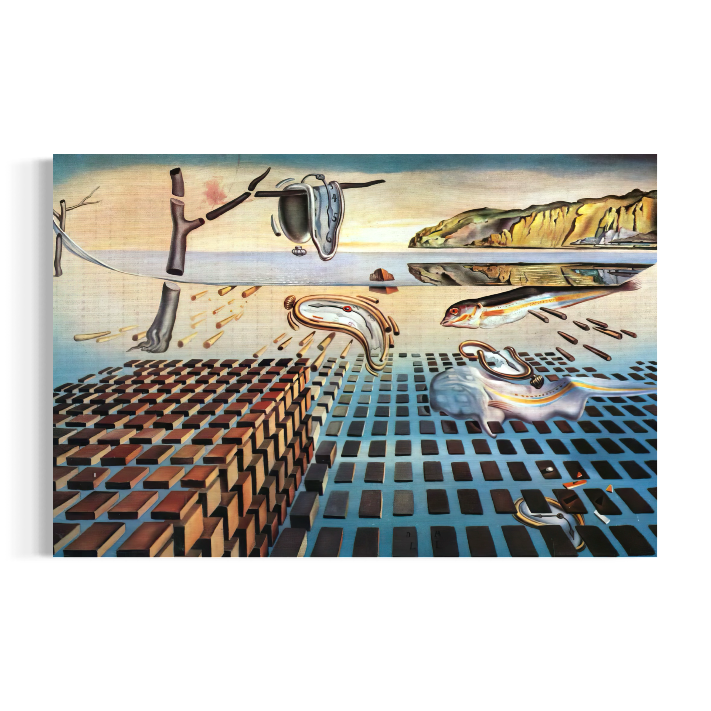 The image is a surreal painting featuring a dreamlike landscape with floating objects, such as a fish and a bird, and a large building with a grid-like pattern.