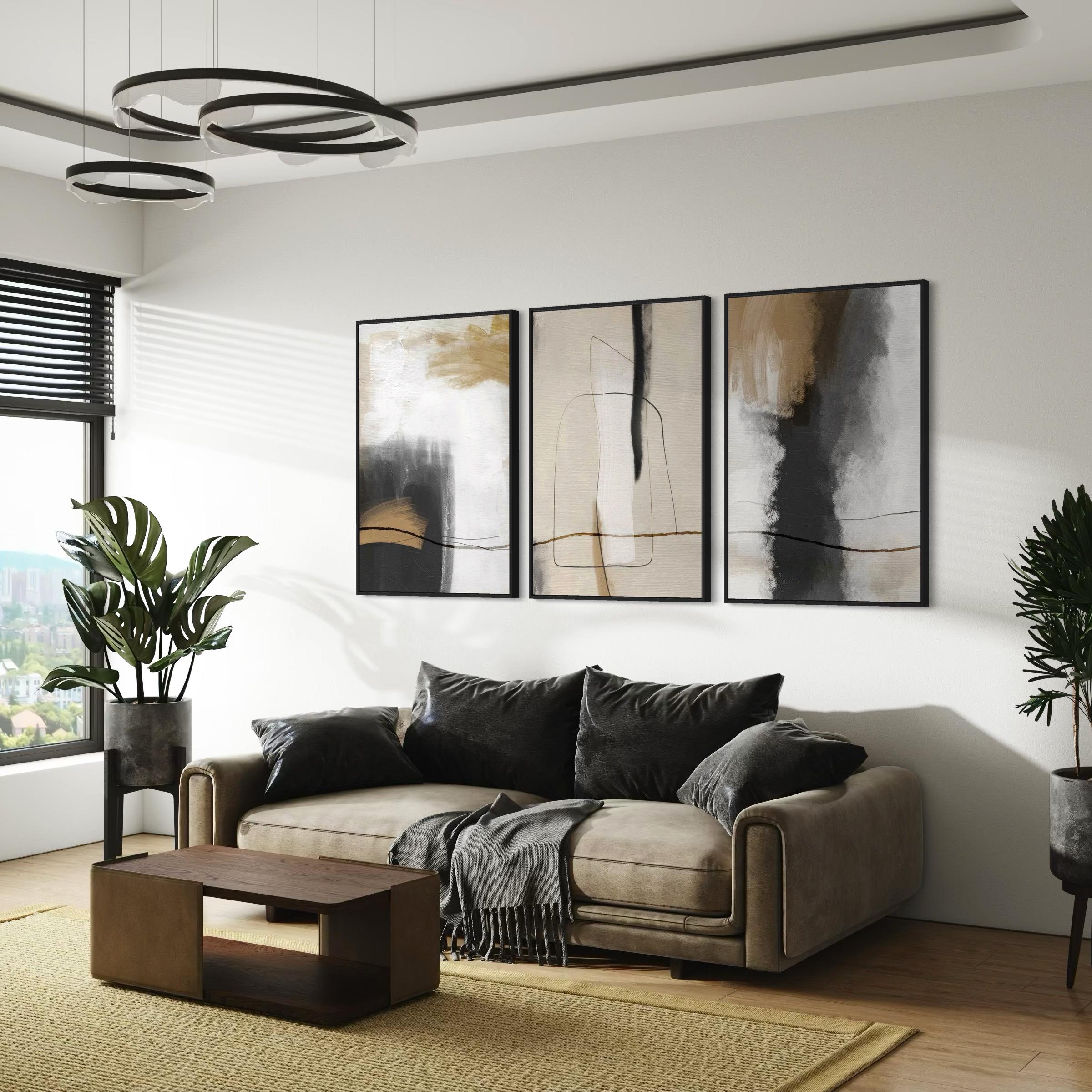 Set of 3 Abstract Canvas Wall Art | Grunge Poster Prints Stroke Effect Tan Gray Neutral Organic