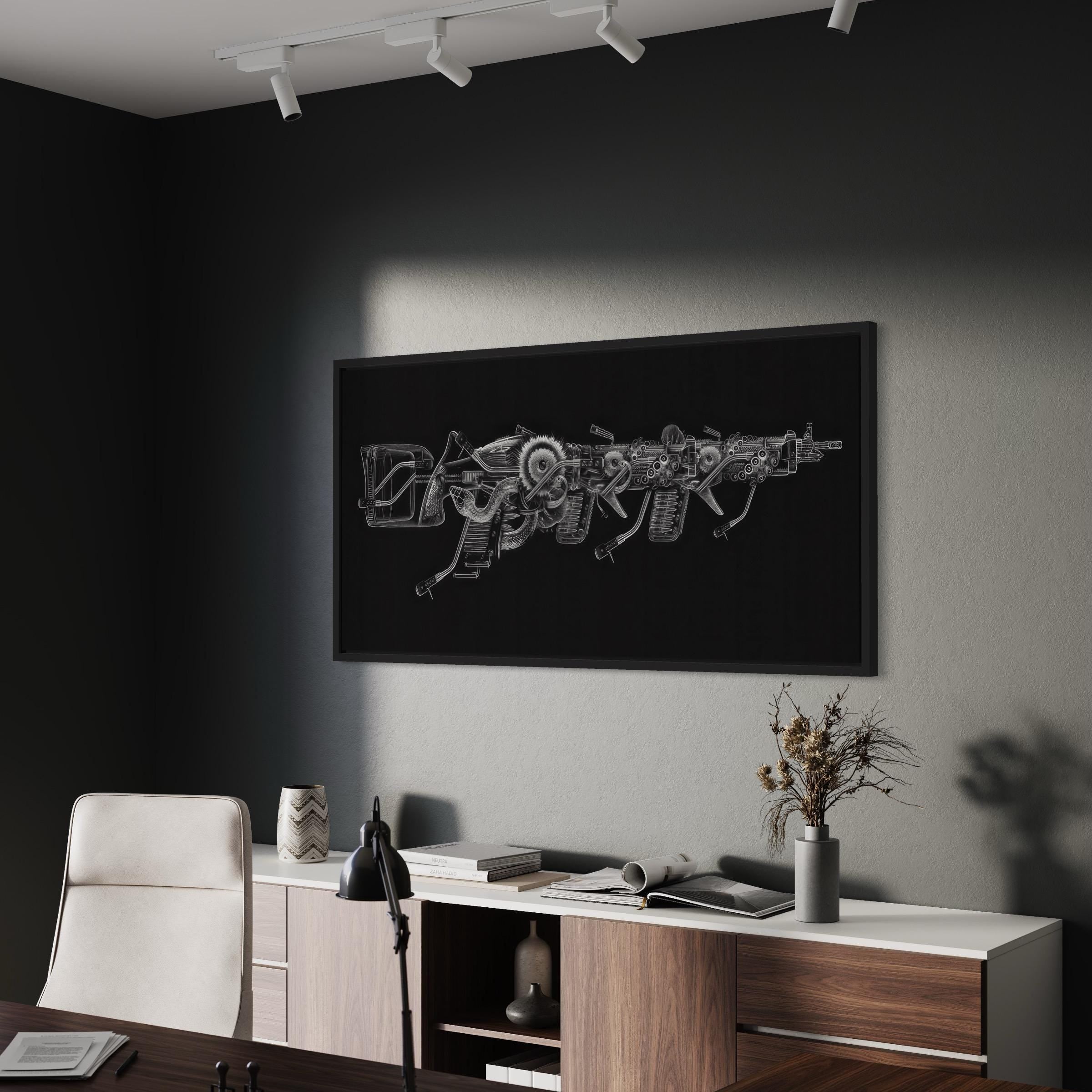 Mechanical Gun Blueprint Futuristic Weapon Schematic | Canvas Art | Poster Print