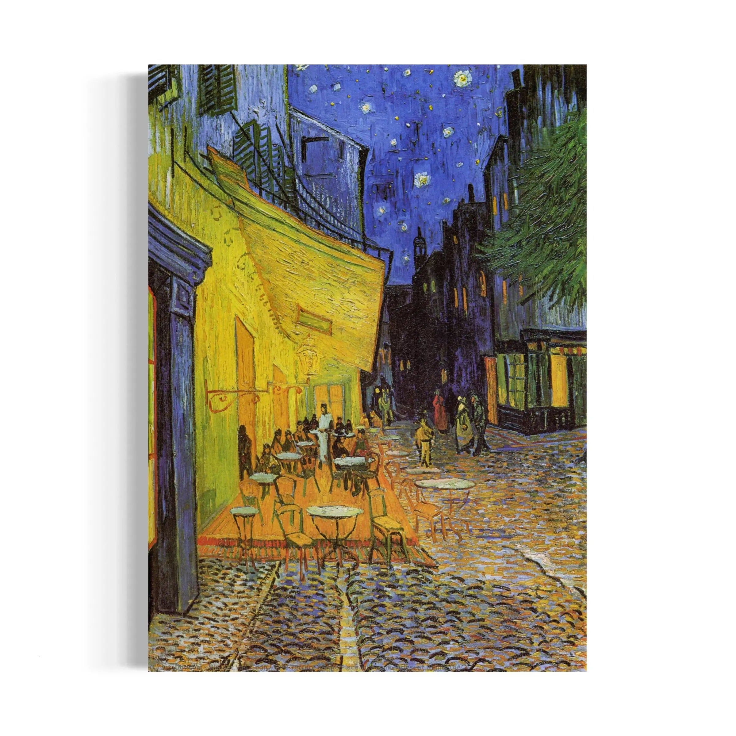 a painting of a street at night with people sitting at tables